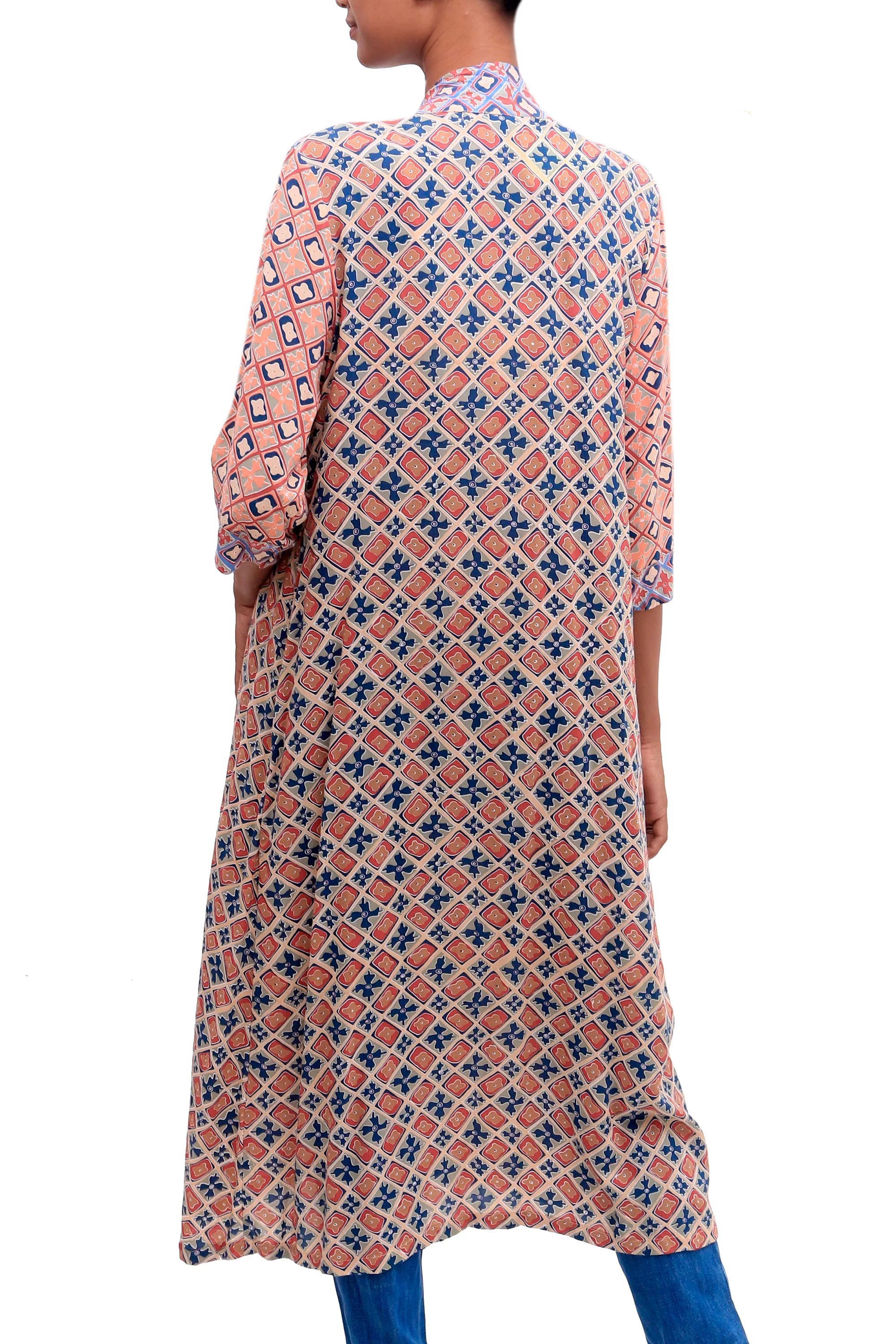 Kelud Crisscross Chili and Azure Printed Rayon Long Kimono from Bali - Image 4