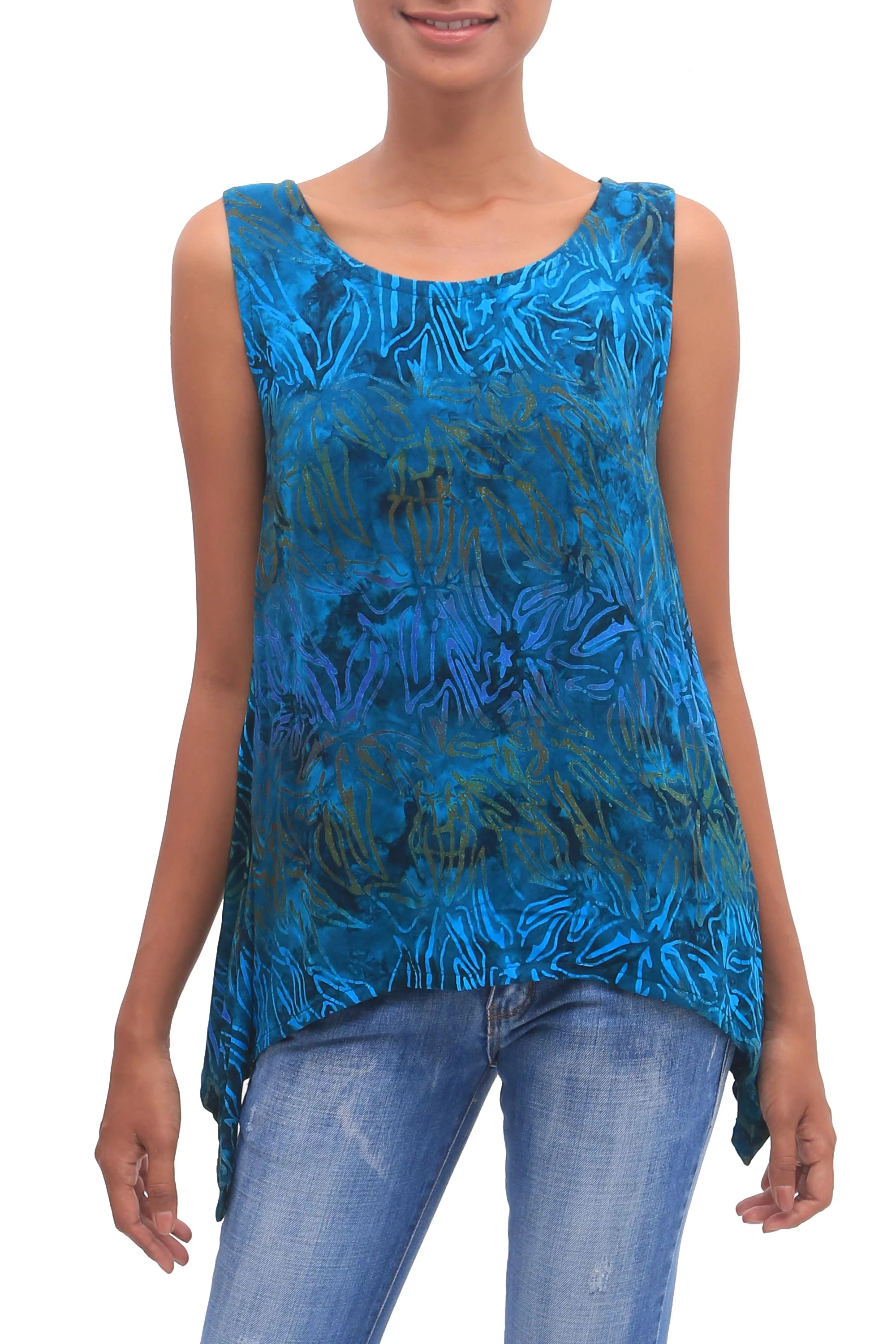Kenanga Sleeveless Women's Rayon Tank Top with Teal Floral Print - Image 2