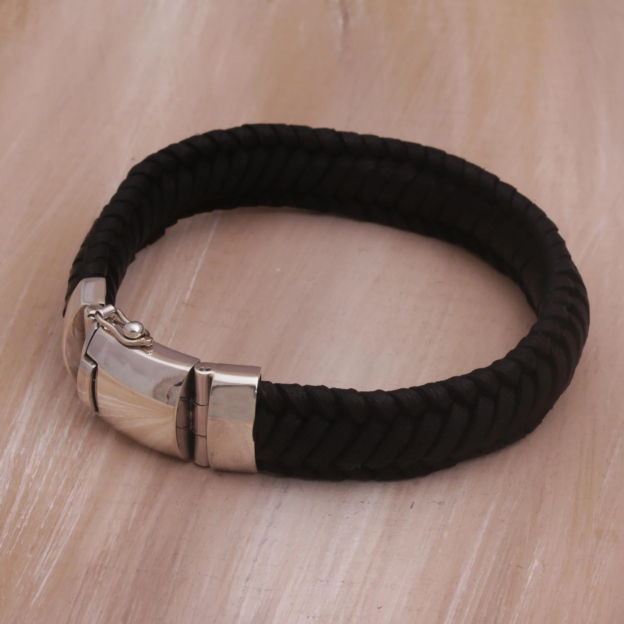 Kintamani Weave in Black Silver & Leather Bracelet - Image 3
