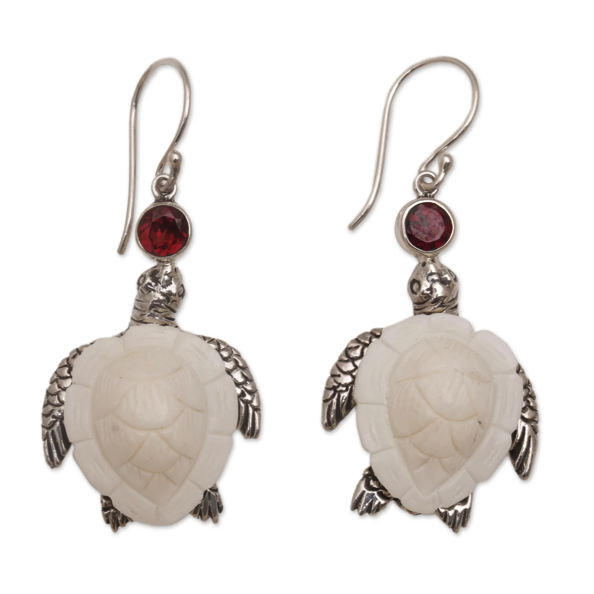 Kurma Turtles Garnet Silver & Bone Dangle Earrings - Image 2