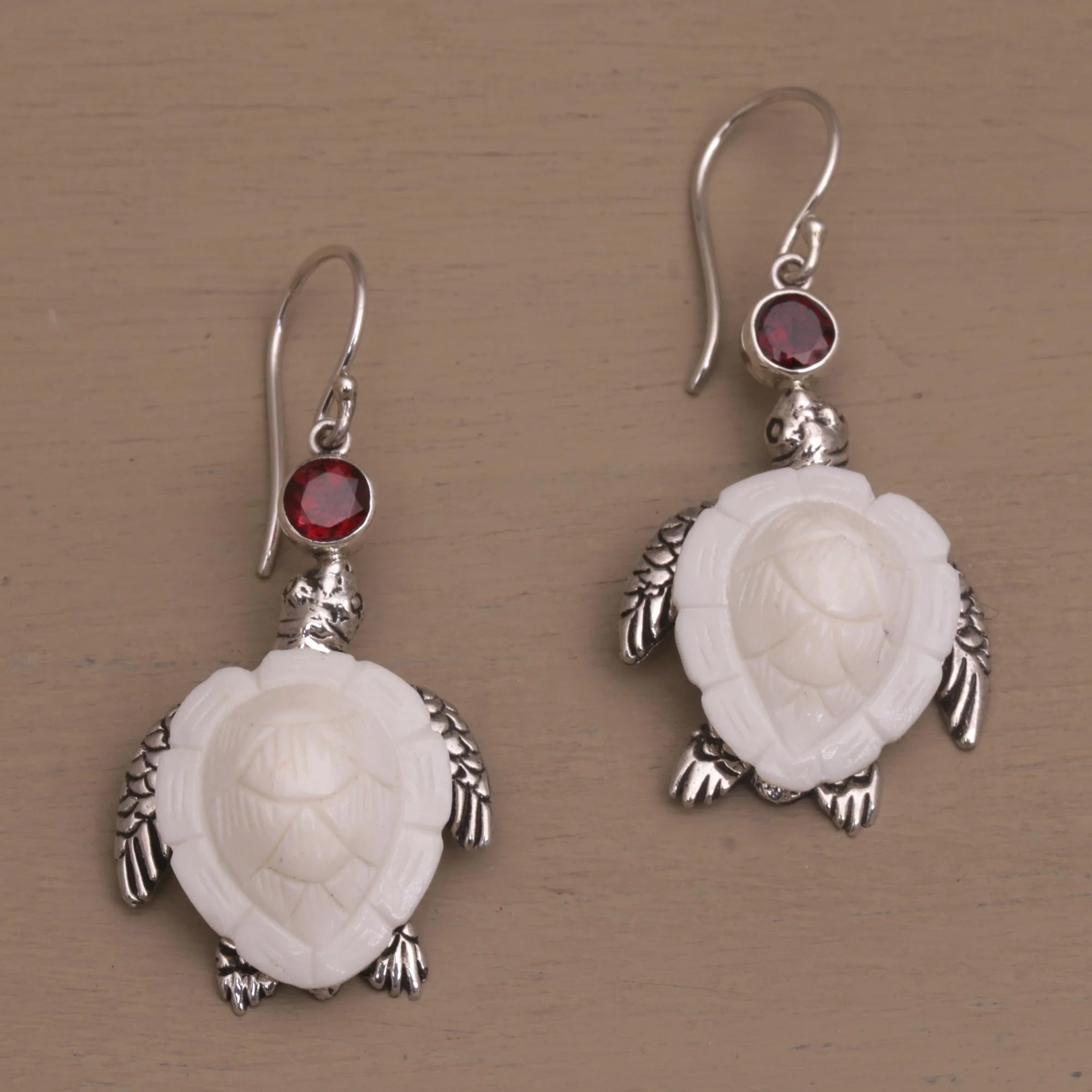 Kurma Turtles Garnet Silver & Bone Dangle Earrings - Image 4