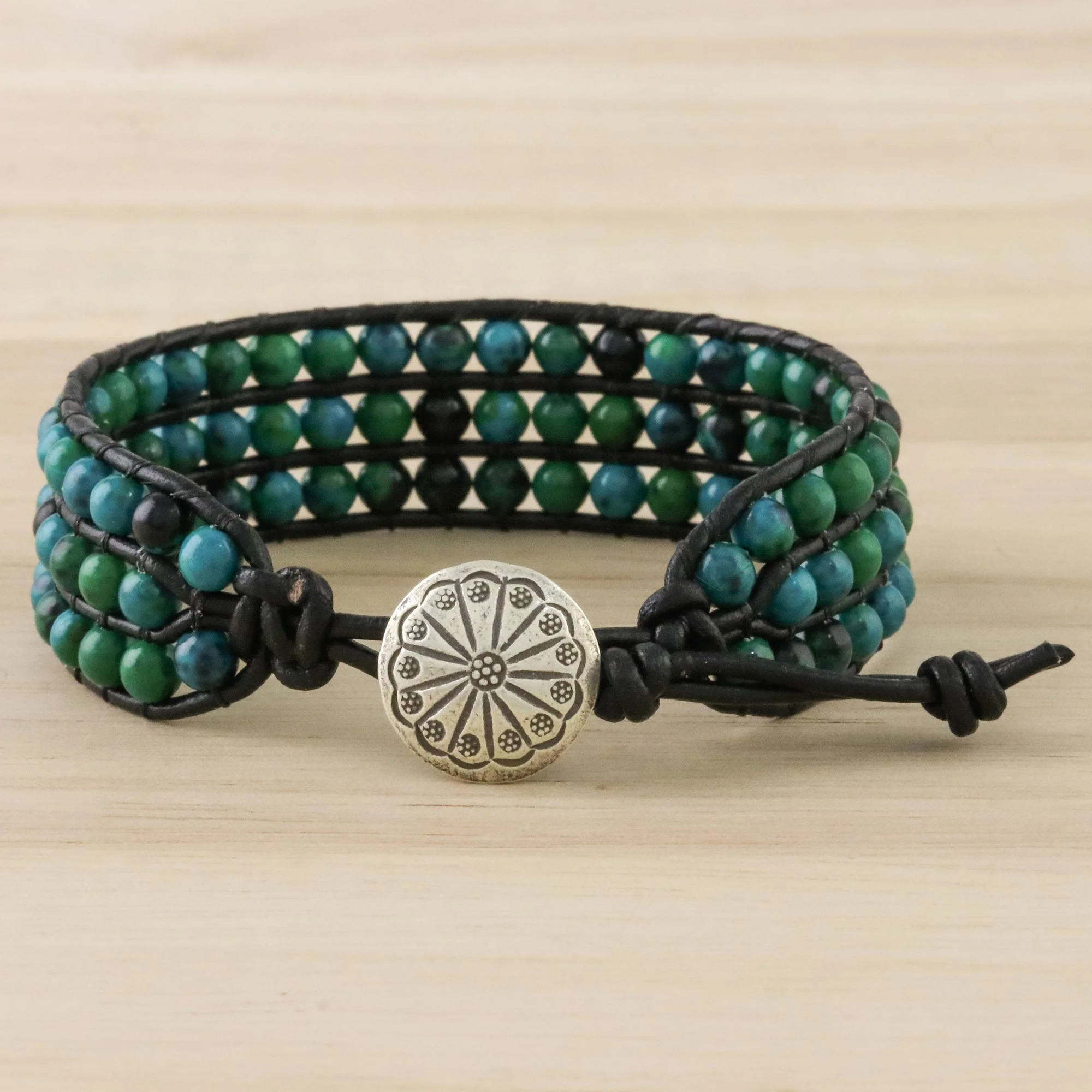 Lagoon Depths Serpentine Bead and Karen Silver Button Wristband Bracelet - Image 4
