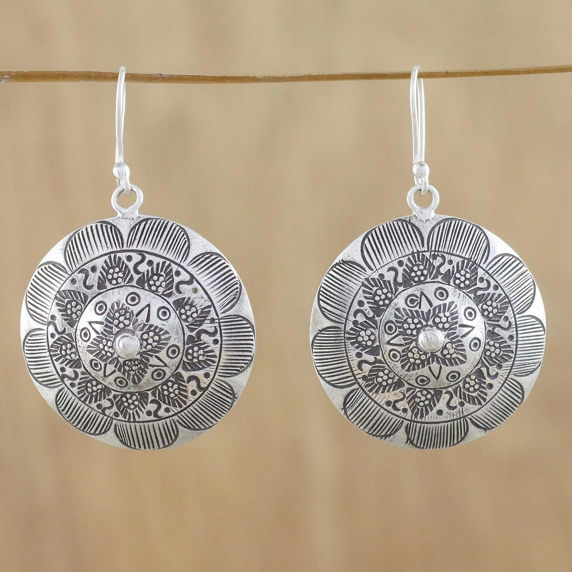 Lanna Welcome Round Floral Motif Earrings in 950 Hill Tribe Silver
