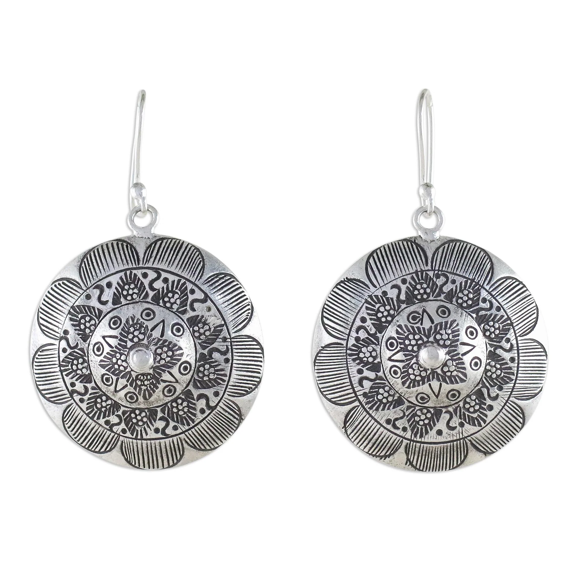 Lanna Welcome Round Floral Motif Earrings in 950 Hill Tribe Silver - Image 2