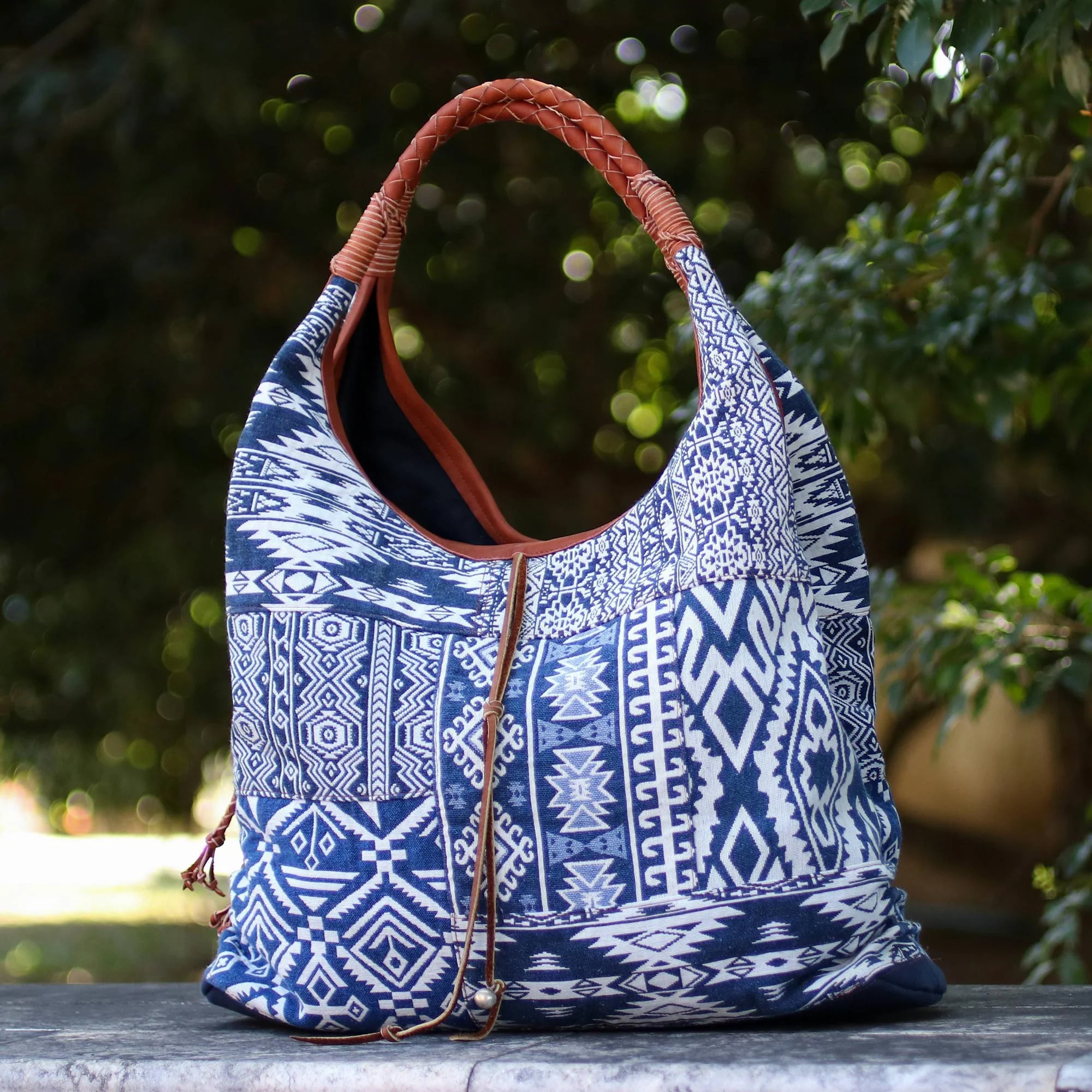 Lapis Geometry Leather Accent Cotton Blend Hobo Bag in Lapis and White - Image 5