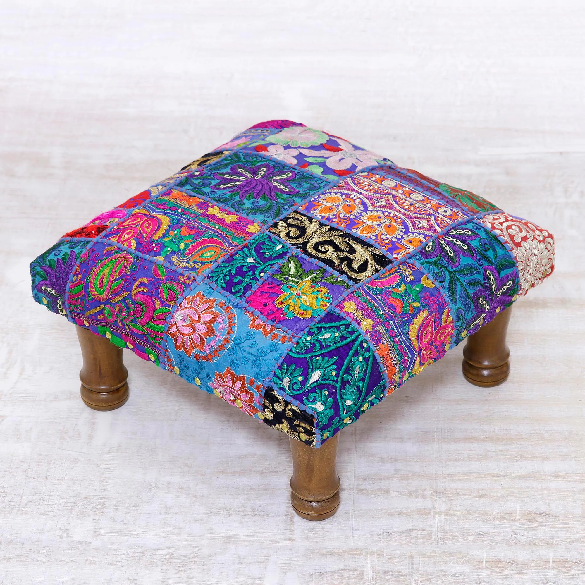 Lapis Patchwork Fair Trade Embellished Ottoman Foot Stool from India - Image 3