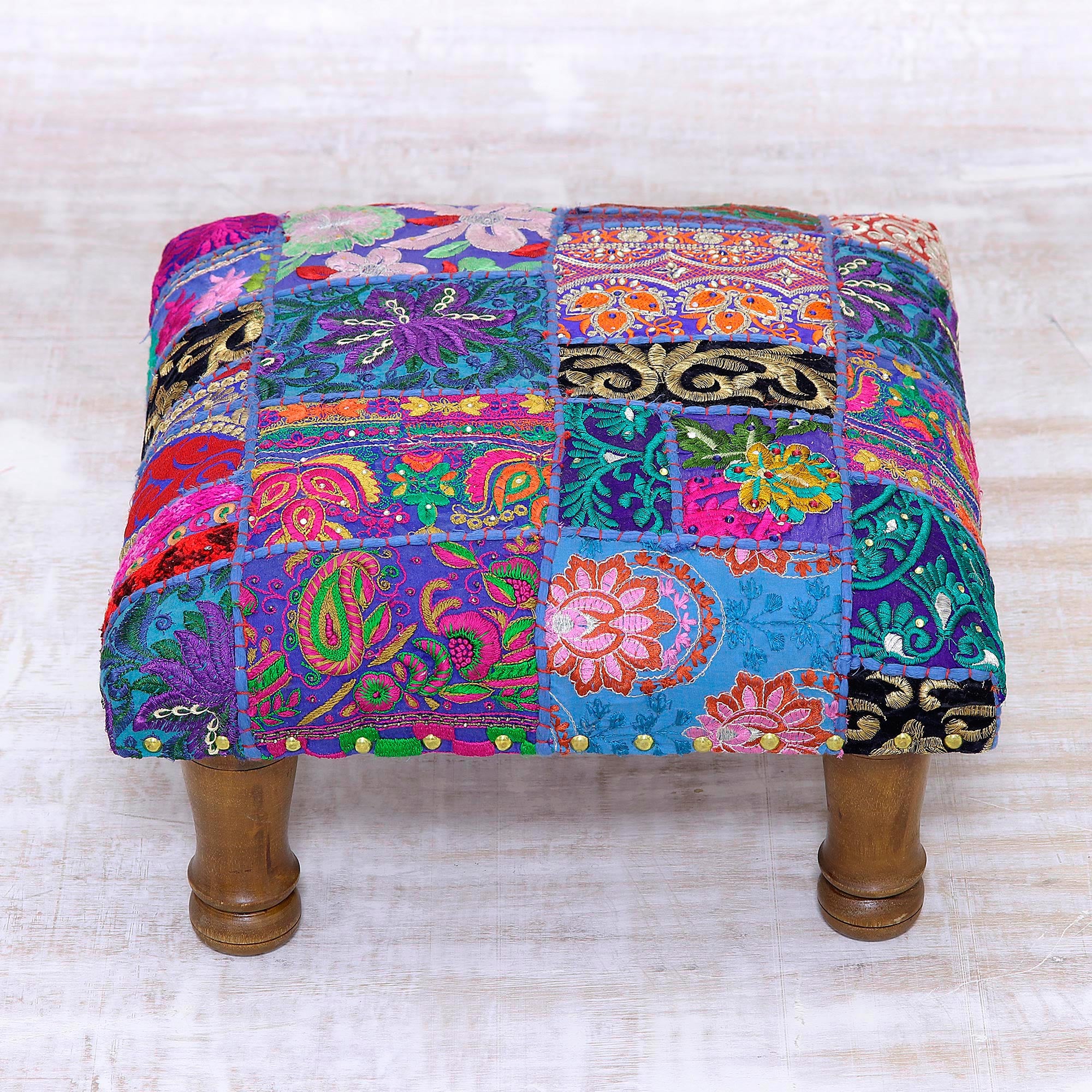 Lapis Patchwork Fair Trade Embellished Ottoman Foot Stool from India - Image 4