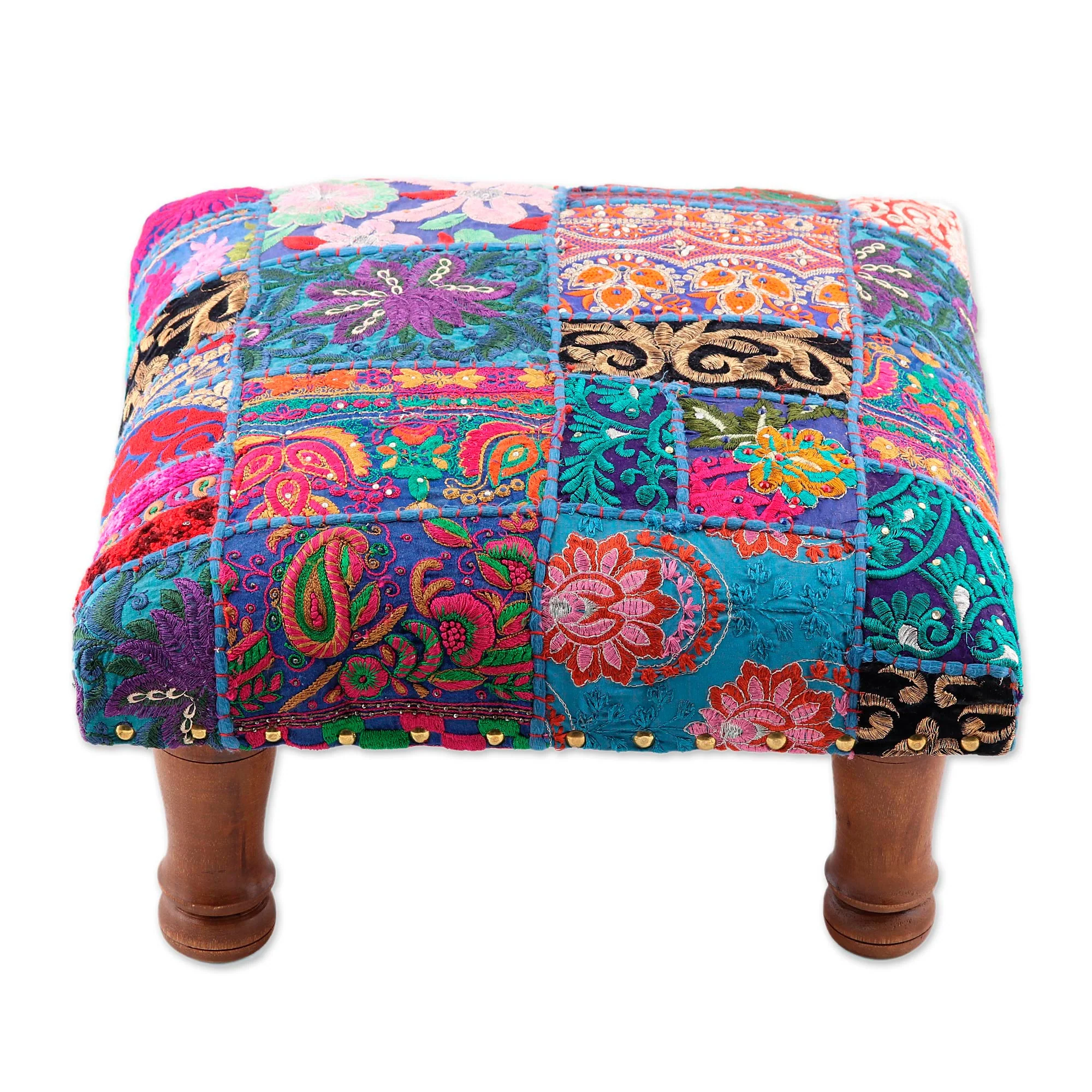 Lapis Patchwork Fair Trade Embellished Ottoman Foot Stool from India - Image 5