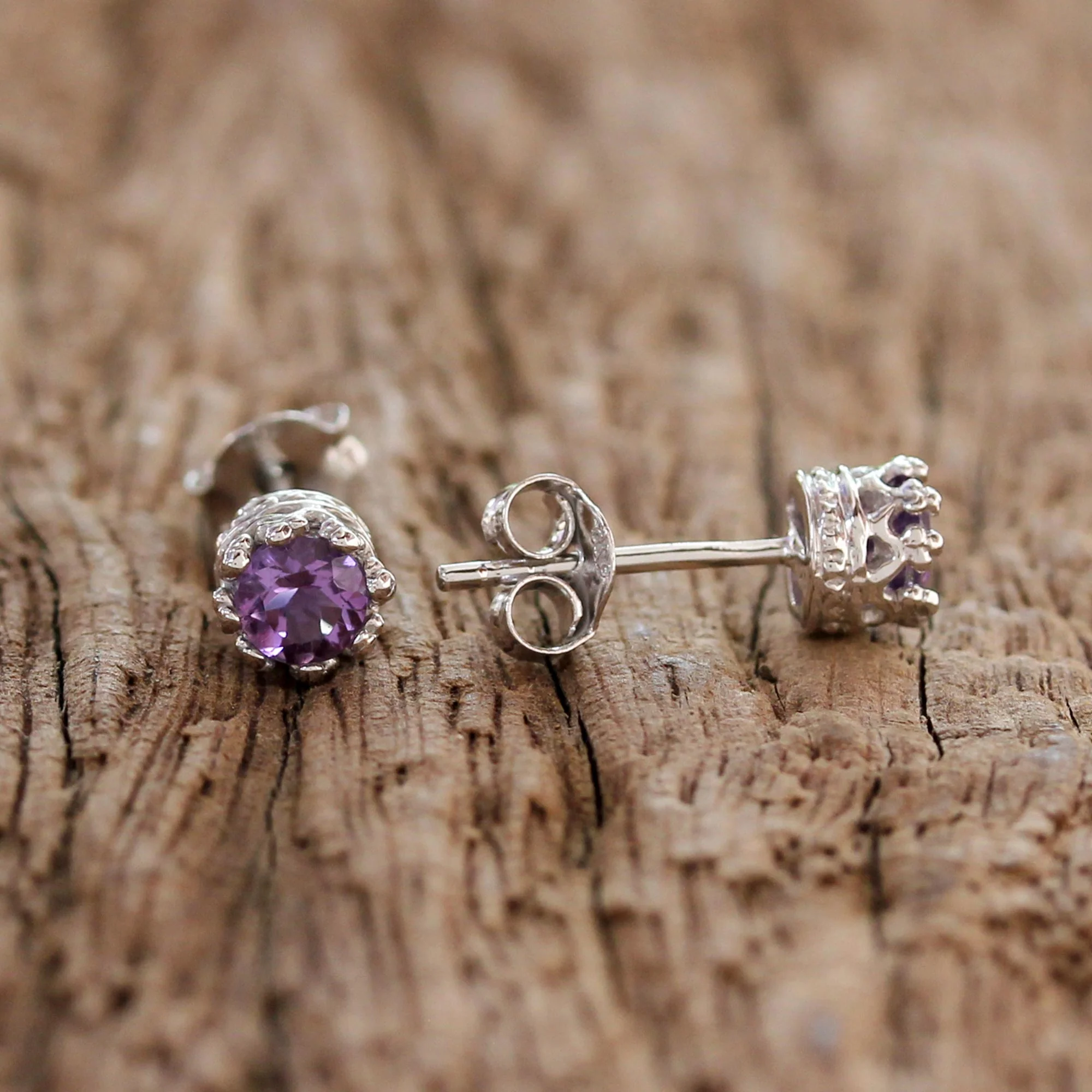Lavender Brilliance Rhodium Plated Amethyst Stud Earrings from Thailand - Image 4