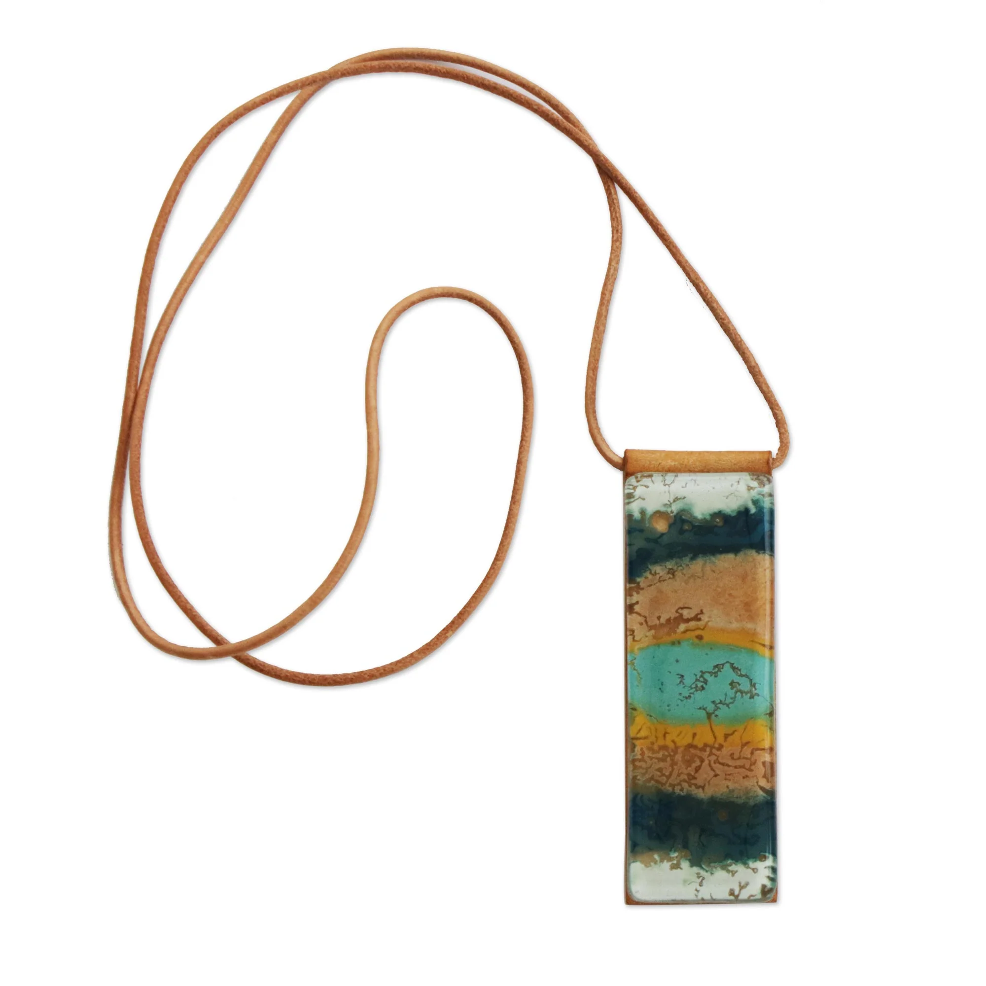 Layers of Ocean Blue and Brown Glass and Leather Pendant Necklace - Image 2