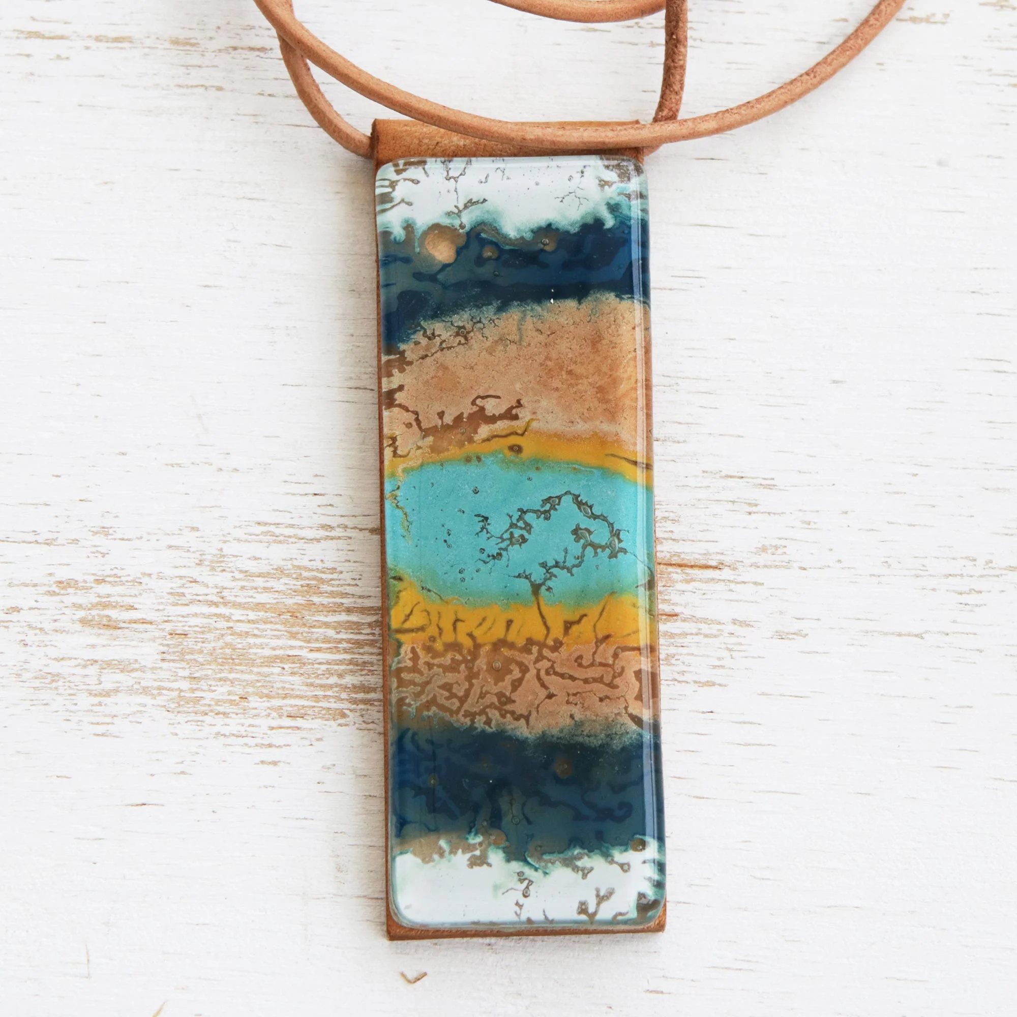 Layers of Ocean Blue and Brown Glass and Leather Pendant Necklace - Image 3