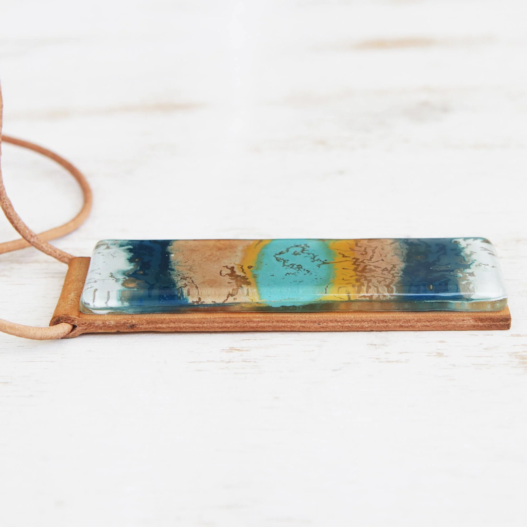 Layers of Ocean Blue and Brown Glass and Leather Pendant Necklace - Image 4