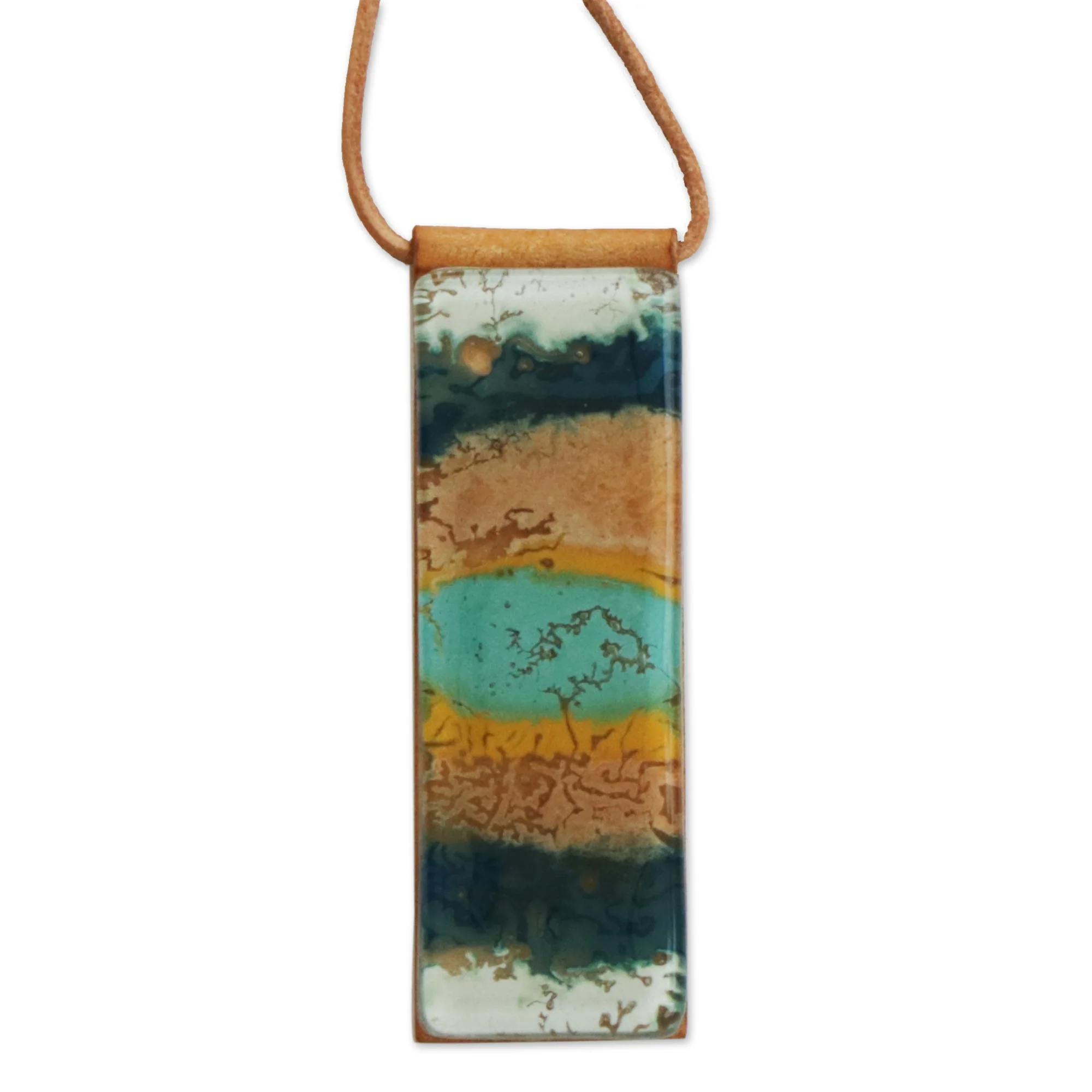 Layers of Ocean Blue and Brown Glass and Leather Pendant Necklace - Image 5