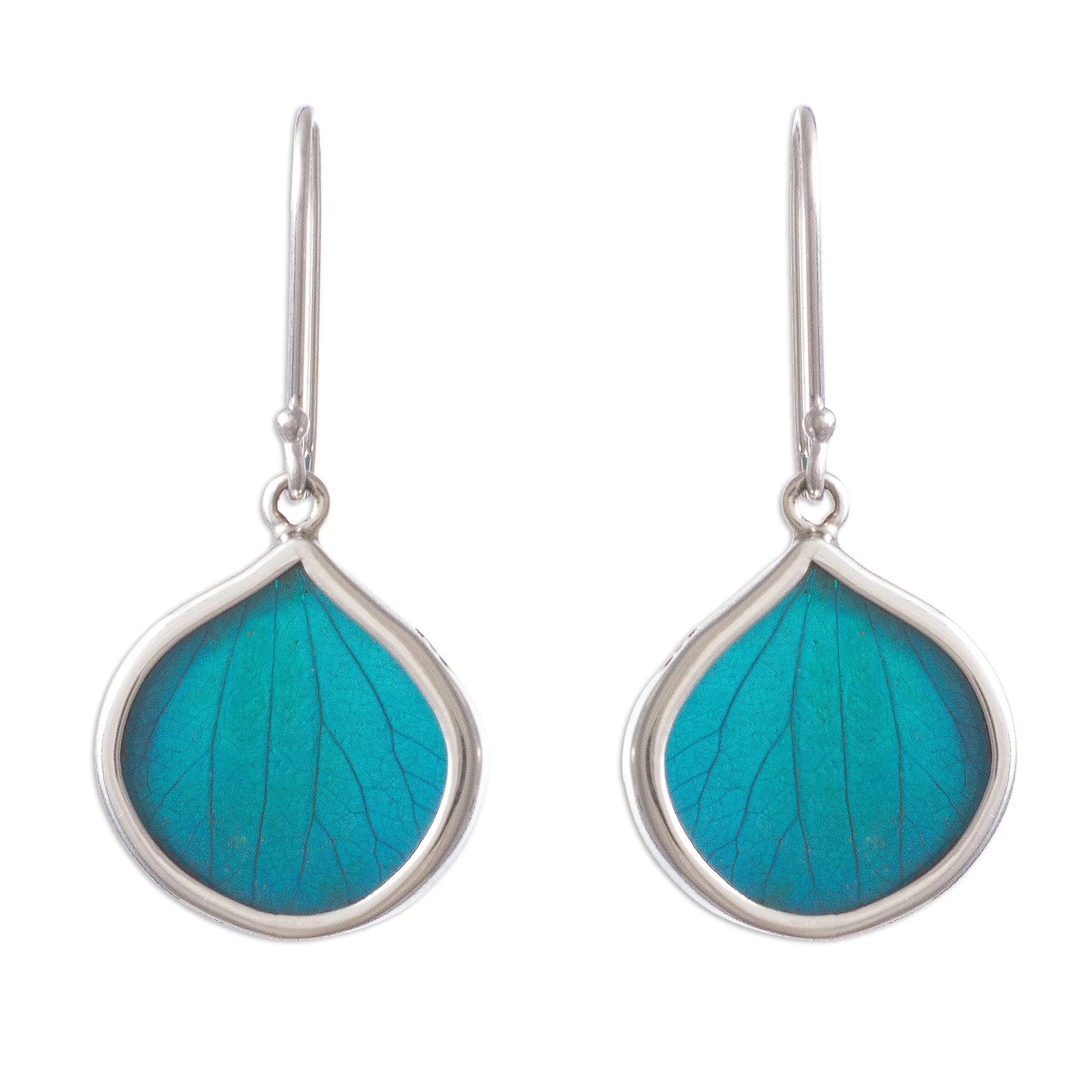 Leaf Drops in Aqua Drop-Shaped Natural Leaf Dangle Earrings in Aqua from Peru - Image 2