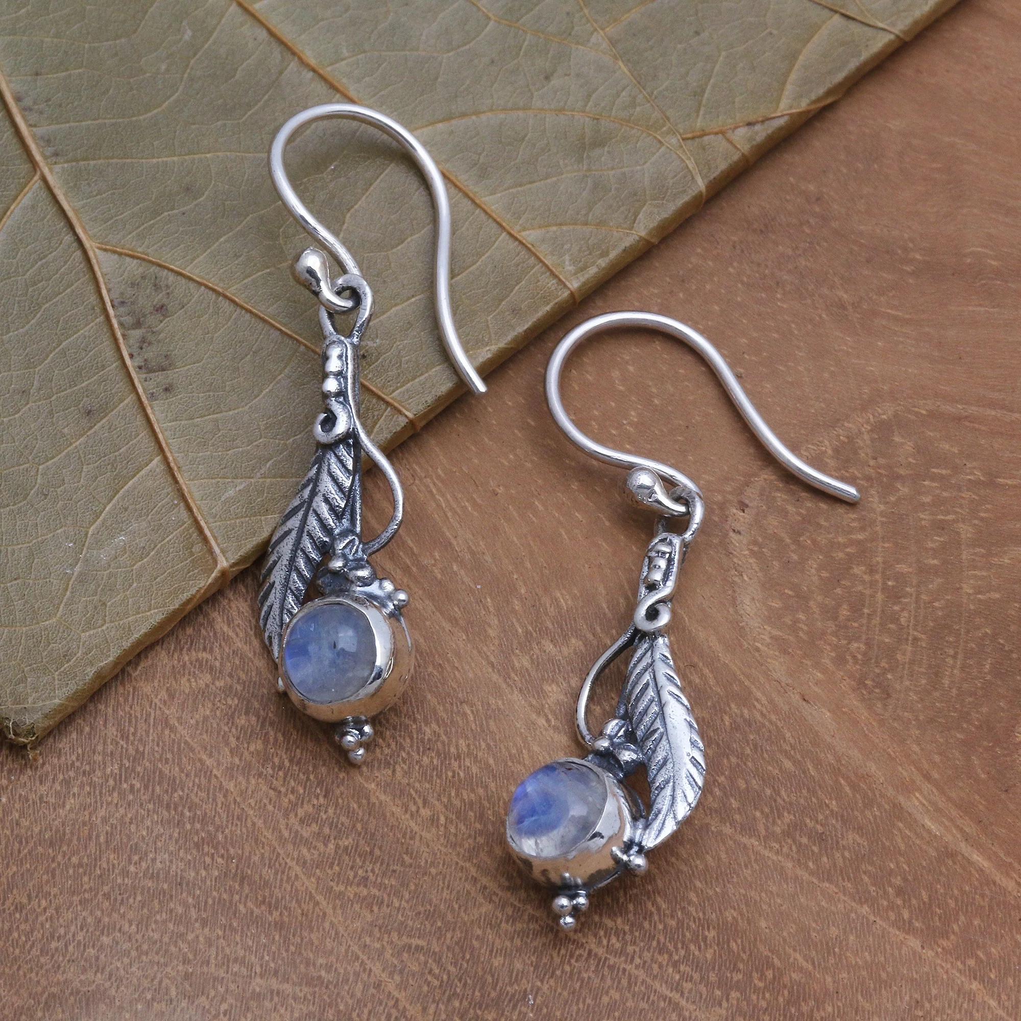 Leaf Glow Leaf Motif Rainbow Moonstone Dangle Earrings - Image 3