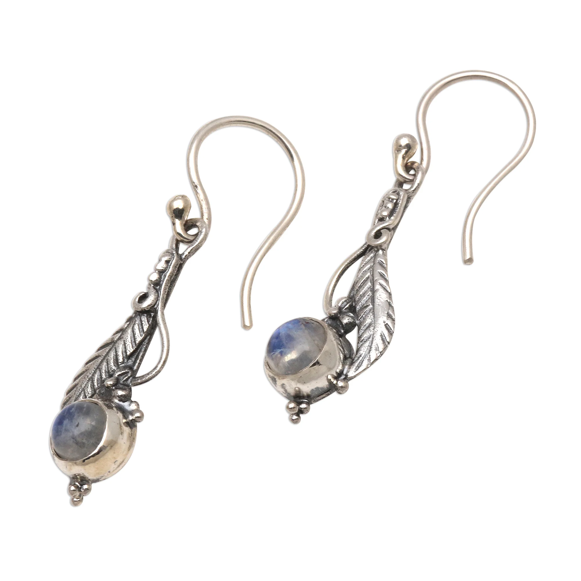 Leaf Glow Leaf Motif Rainbow Moonstone Dangle Earrings - Image 4