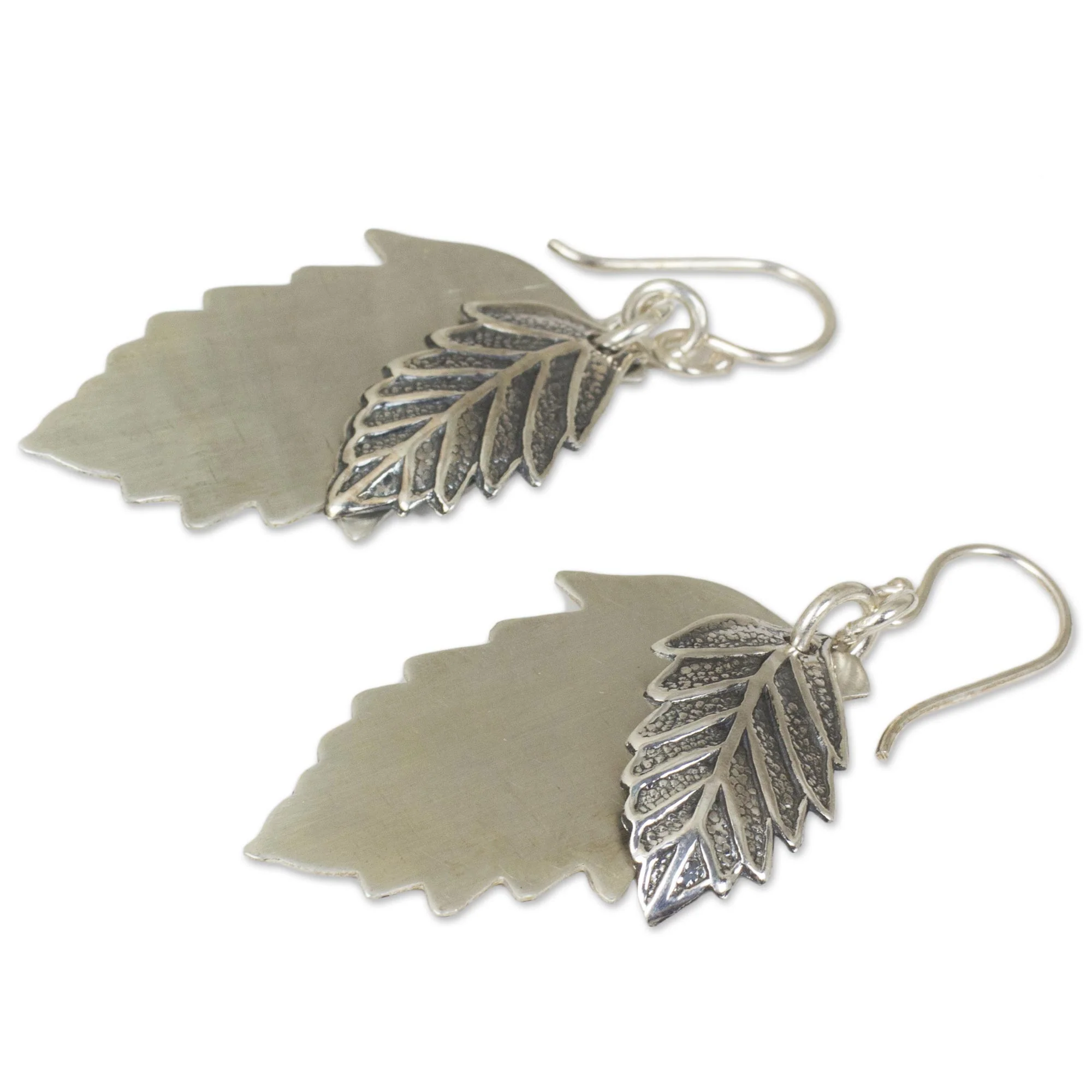 Leaf Shadows Double 925 Sterling Silver Leaves Artisan Crafted Earrings - Image 3