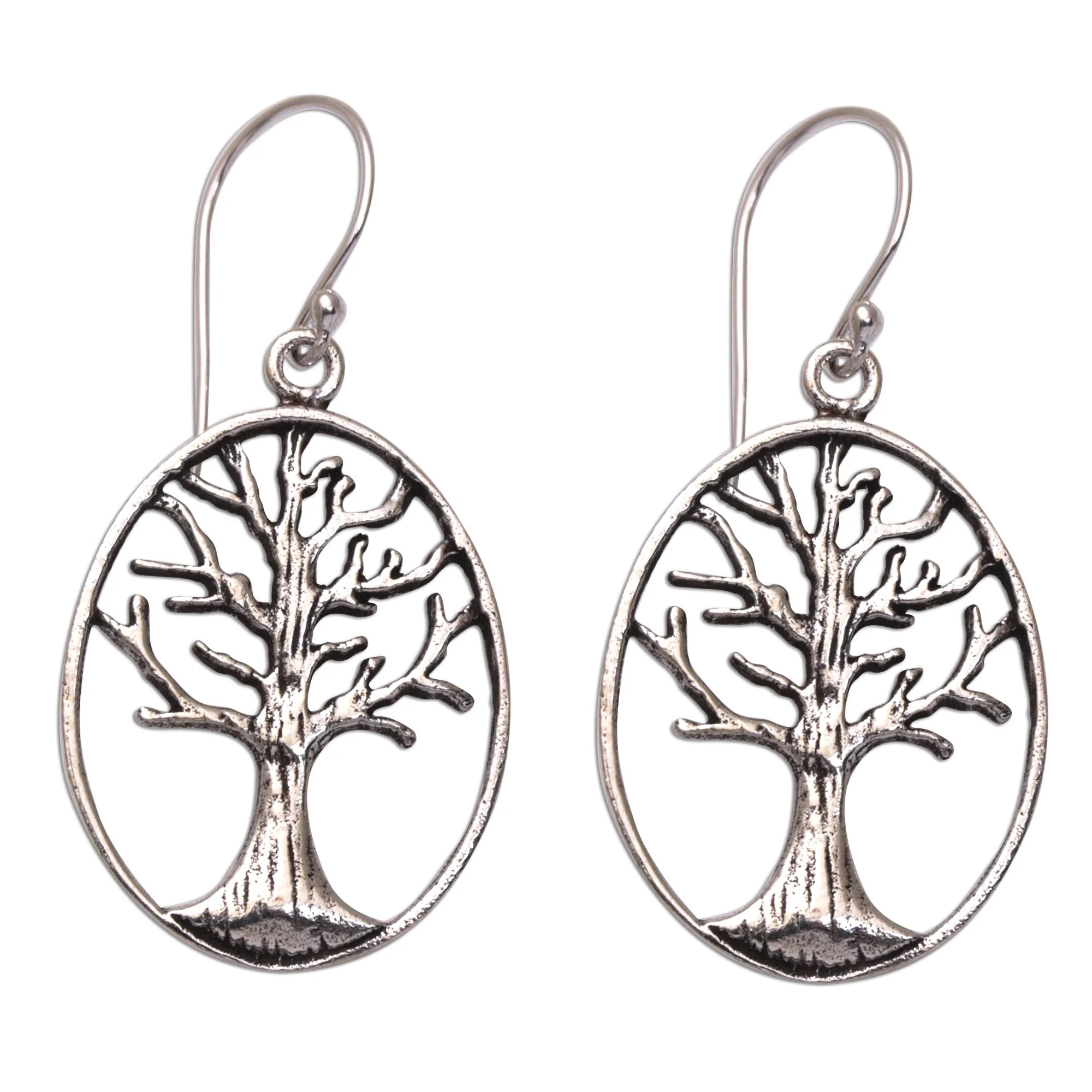 Leafless Trees Oval Tree Sterling Silver Dangle Earrings from Bali - Image 2
