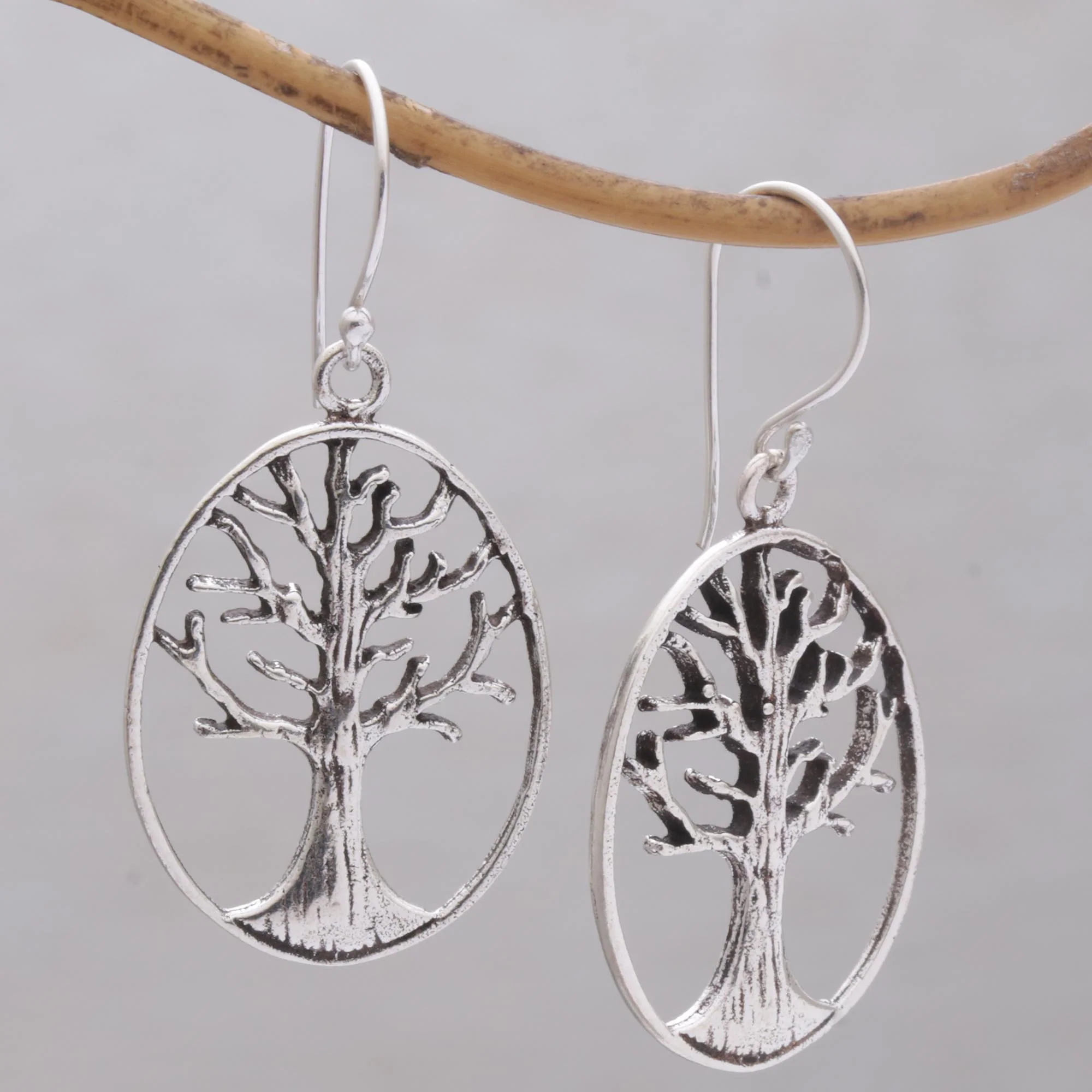 Leafless Trees Oval Tree Sterling Silver Dangle Earrings from Bali - Image 3