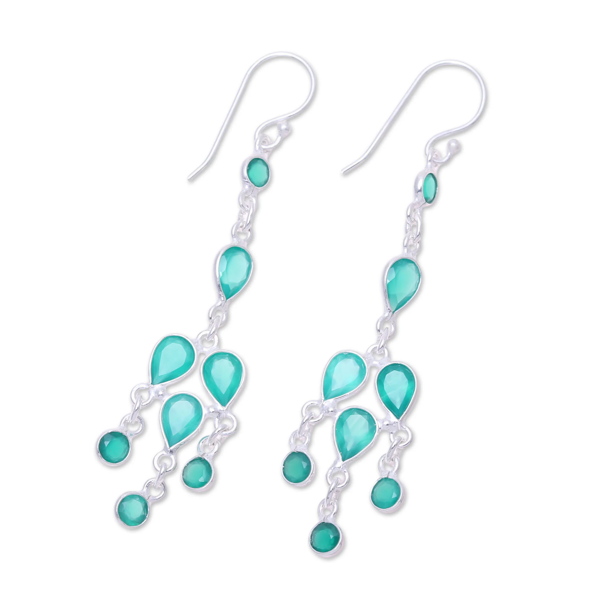Leafy Adornment Sterling Silver and Green Onyx Chandelier Earrings - Image 4