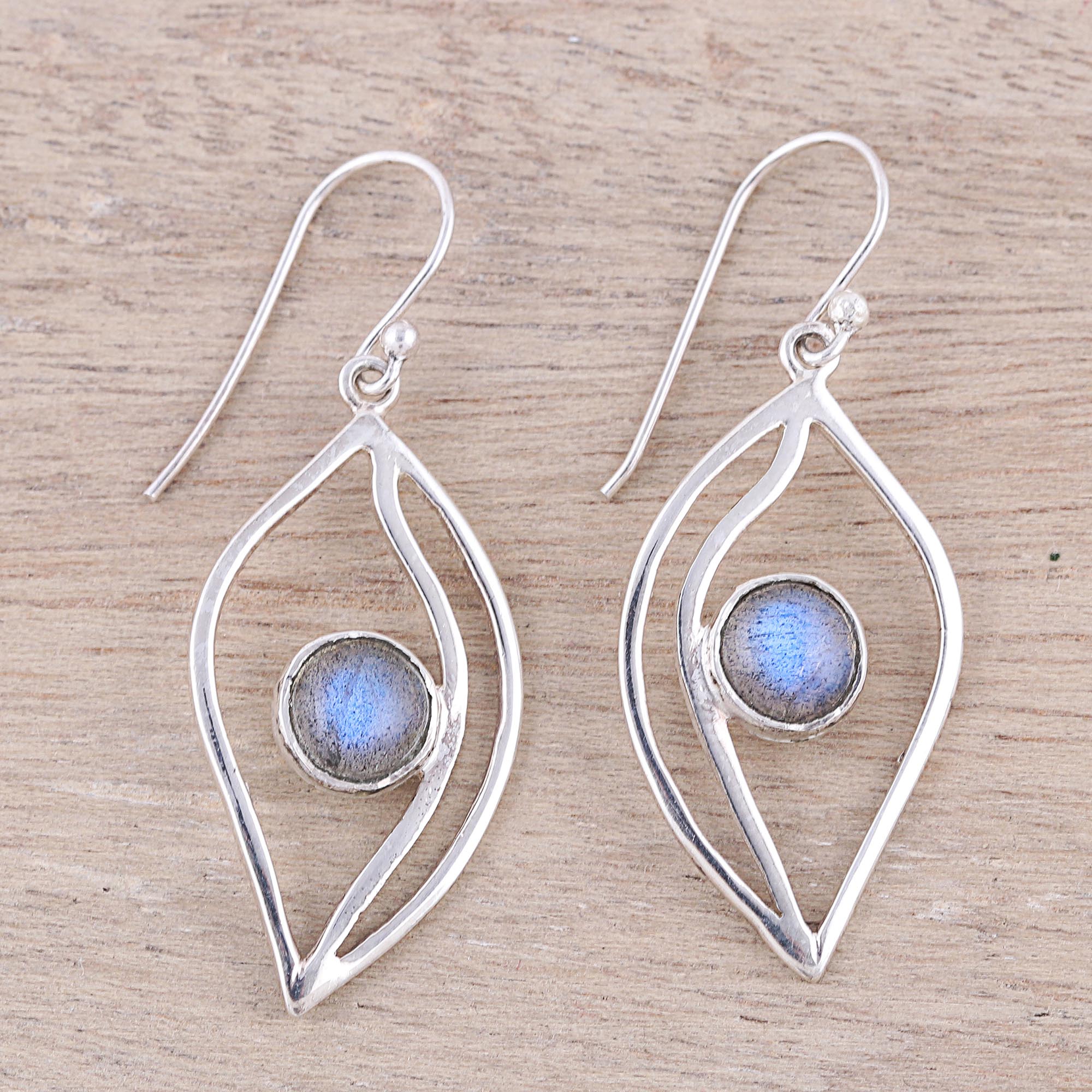 Leafy Glimmer Leaf-Shaped Labradorite Dangle Earrings from India - Image 3