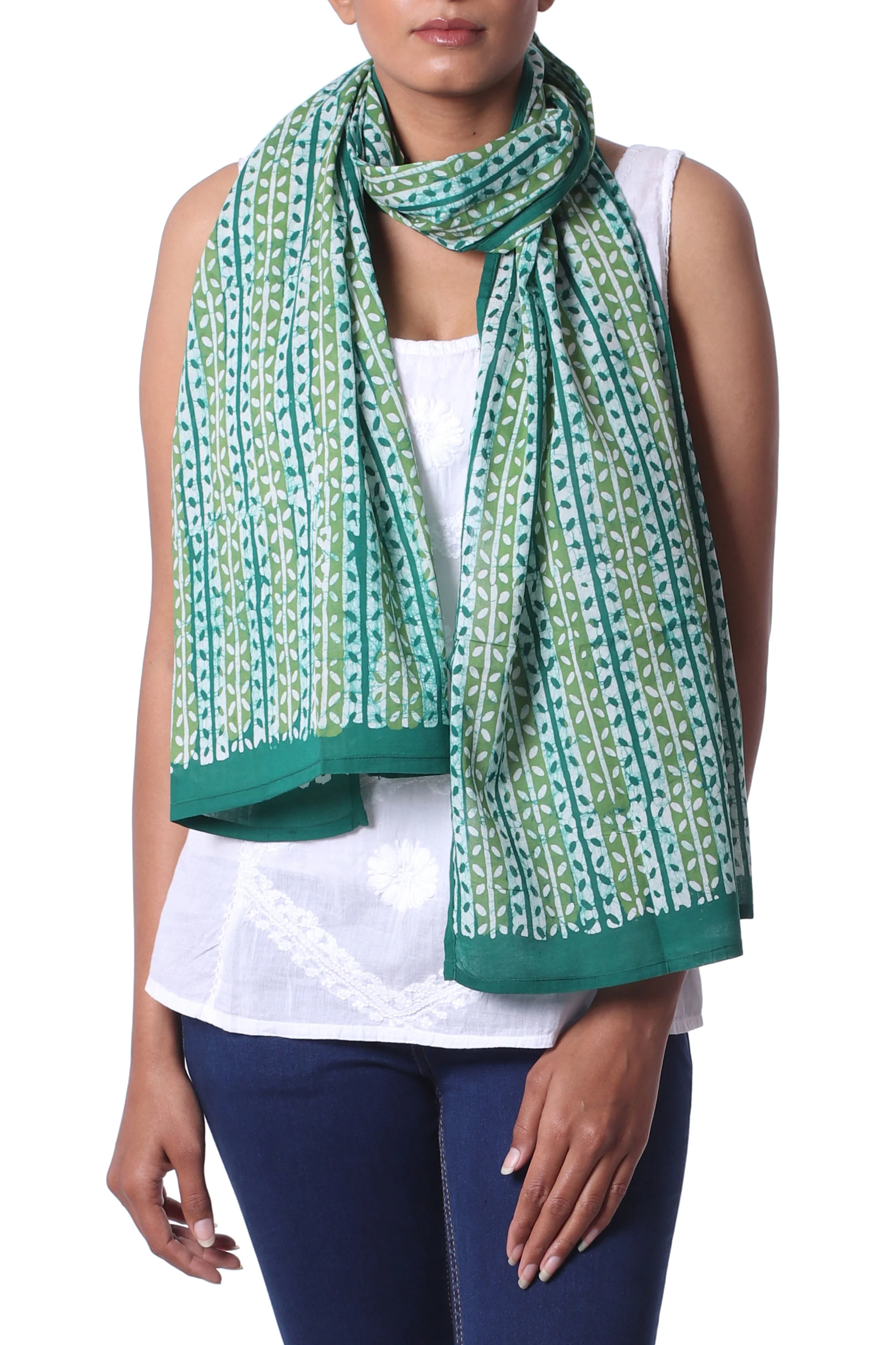 Leafy Vines Green Indian Woodblock Dyed Vine Pattern Batik Cotton Shawl - Image 2