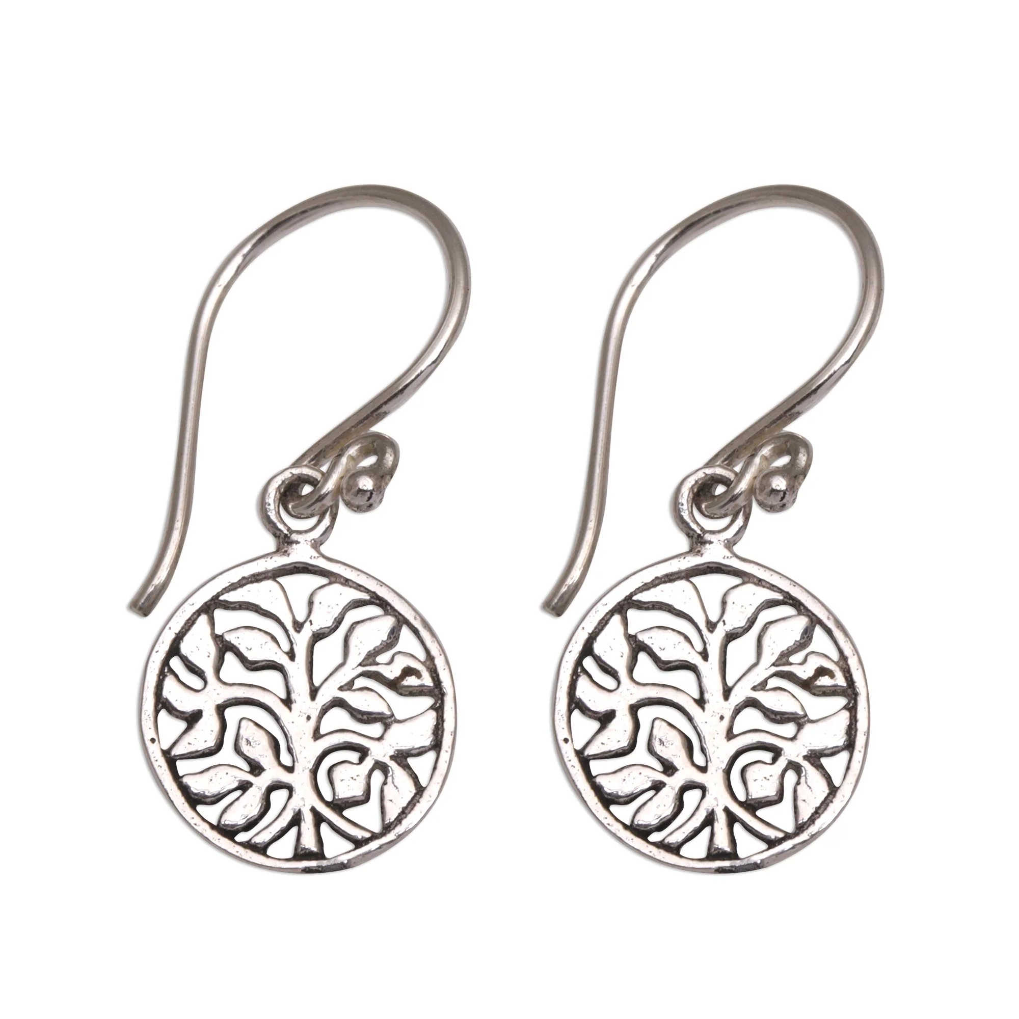 Leafy Windows Circular Tree Sterling Silver Dangle Earrings from Bali - Image 2
