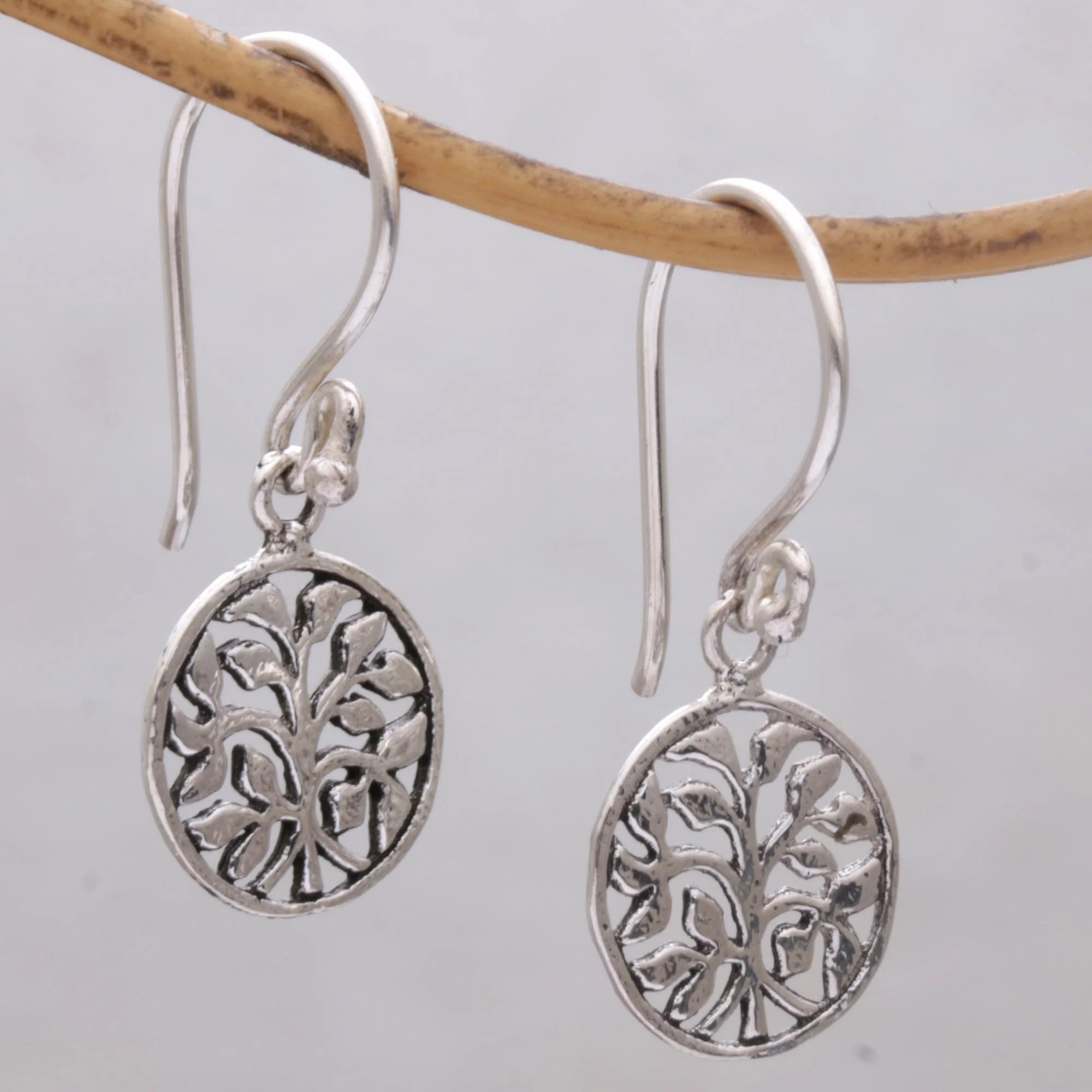 Leafy Windows Circular Tree Sterling Silver Dangle Earrings from Bali - Image 3