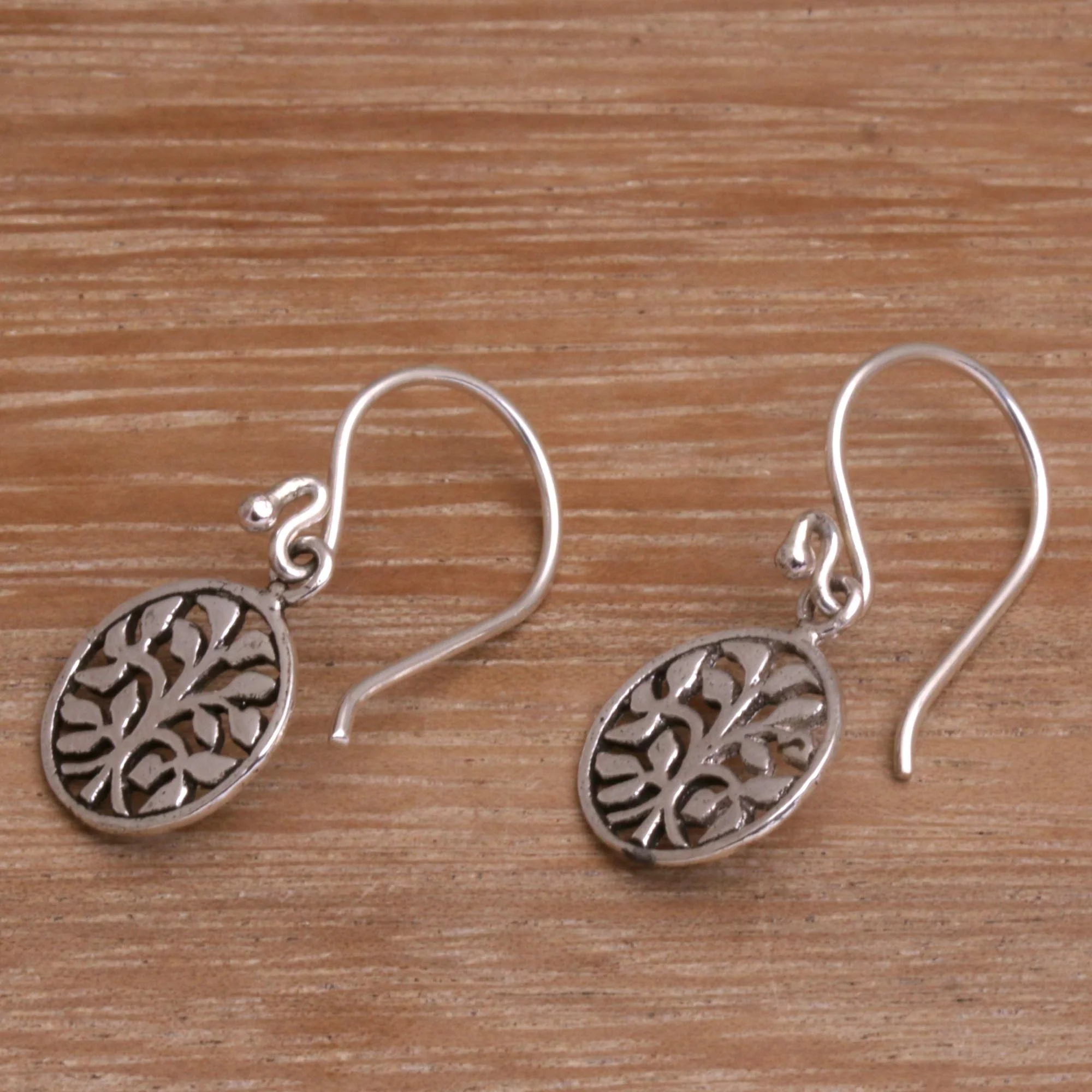 Leafy Windows Circular Tree Sterling Silver Dangle Earrings from Bali - Image 4