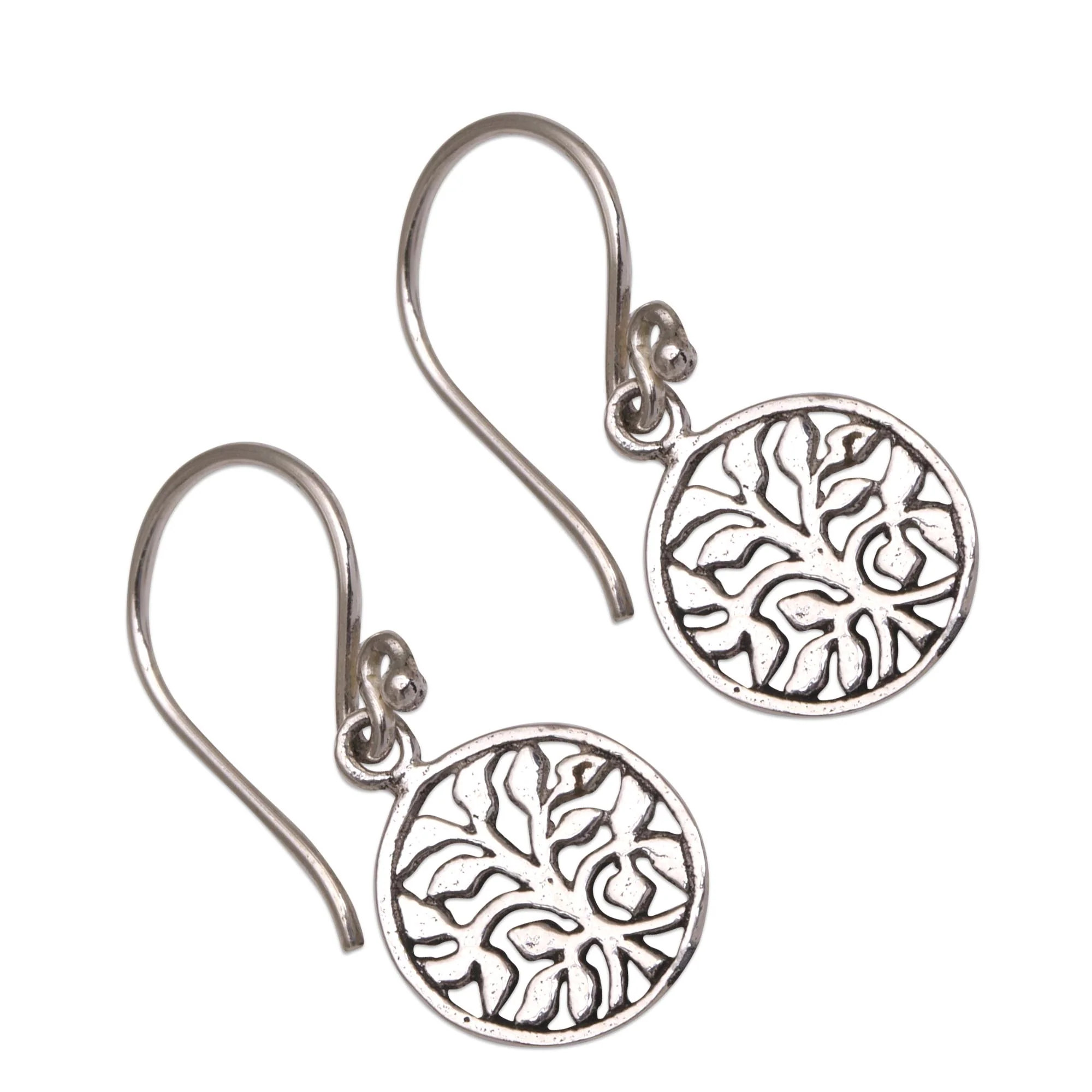 Leafy Windows Circular Tree Sterling Silver Dangle Earrings from Bali - Image 5