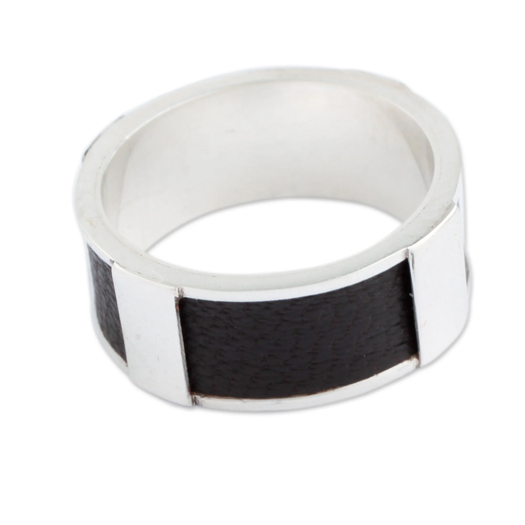 Leather Minimalist Artisan Crafted Leather Accent Sterling Silver Band Ring - Image 2