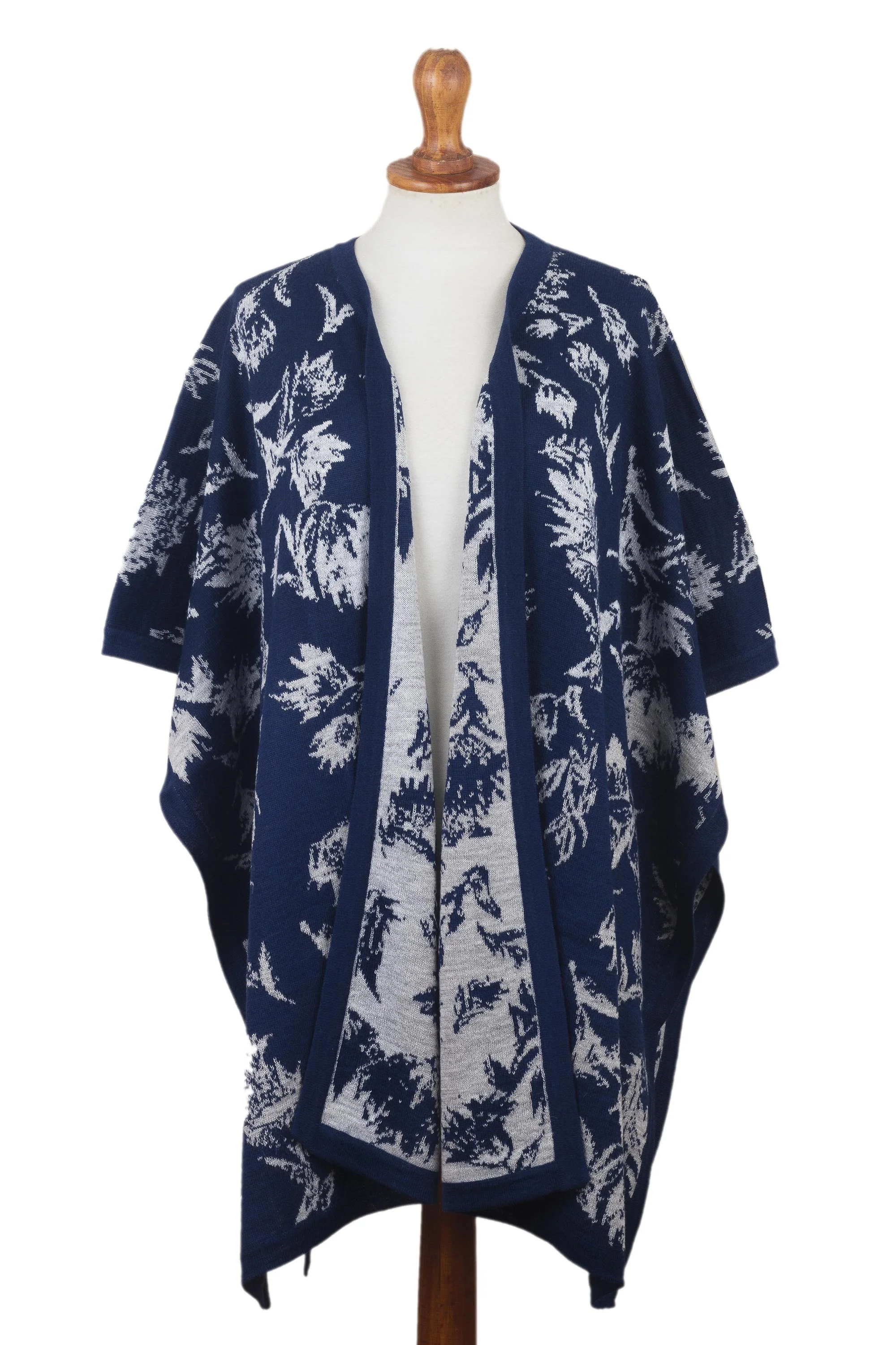 Leaves of Autumn in Cadet Blue Reversible Cadet Blue and Oyster Leafy Alpaca Blend Ruana - Image 2