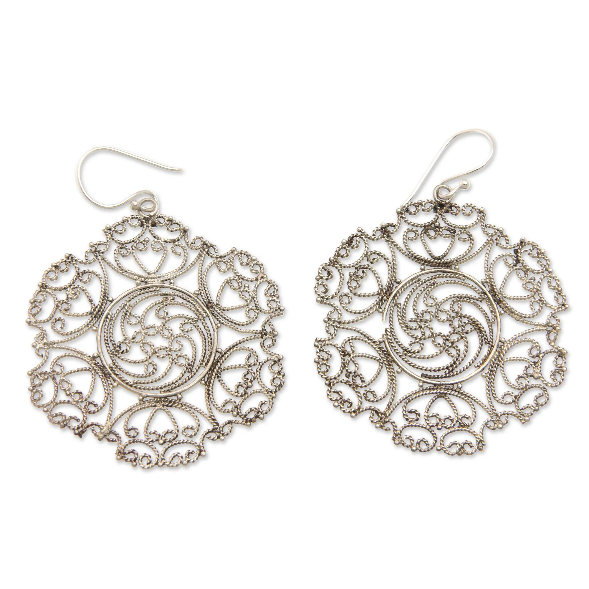 Legian Lace Lacy Sterling Silver Dangle Earrings from Indonesia - Image 2