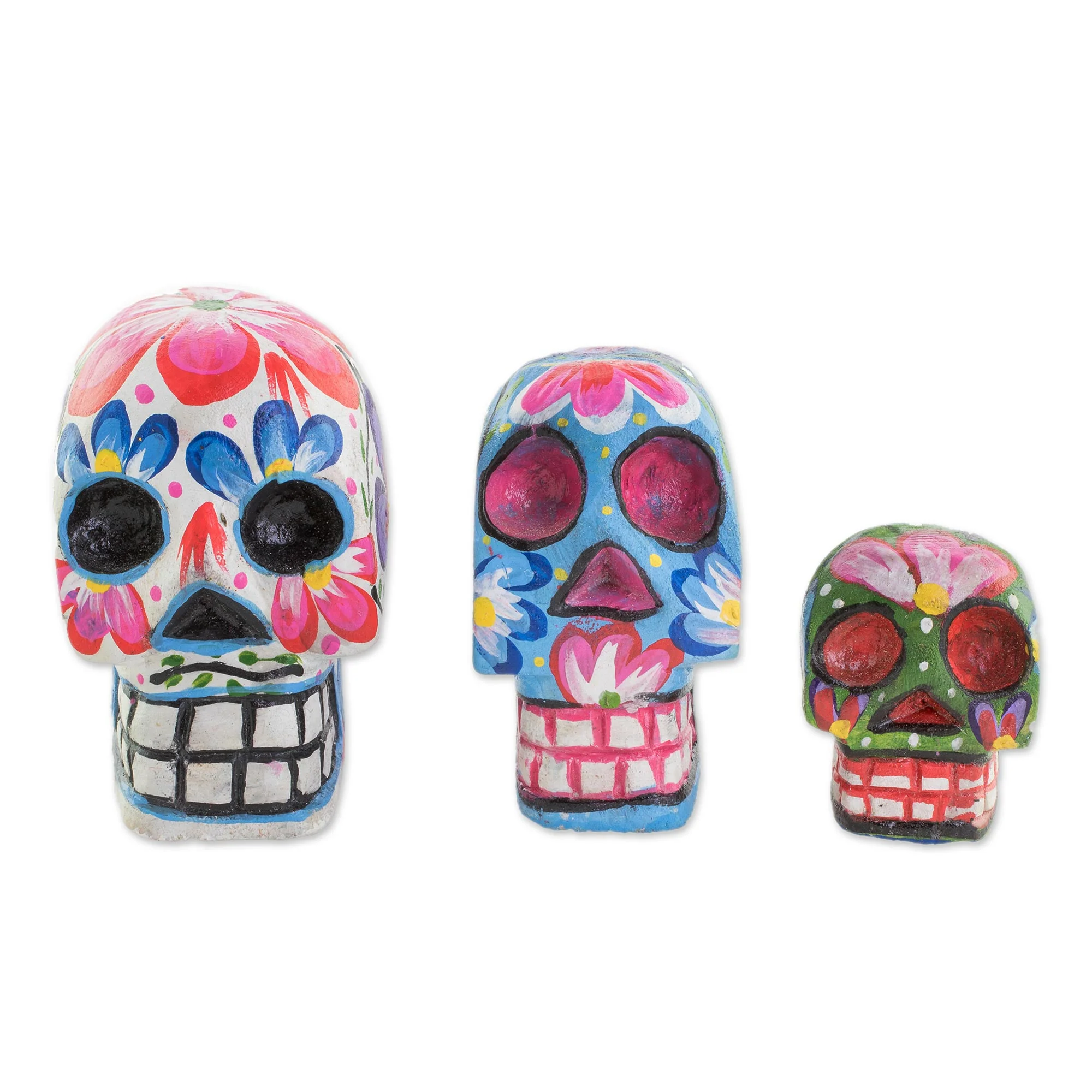 Life and Color Wood Floral Skull Figurines from Guatemala (Set of 3) - Image 2