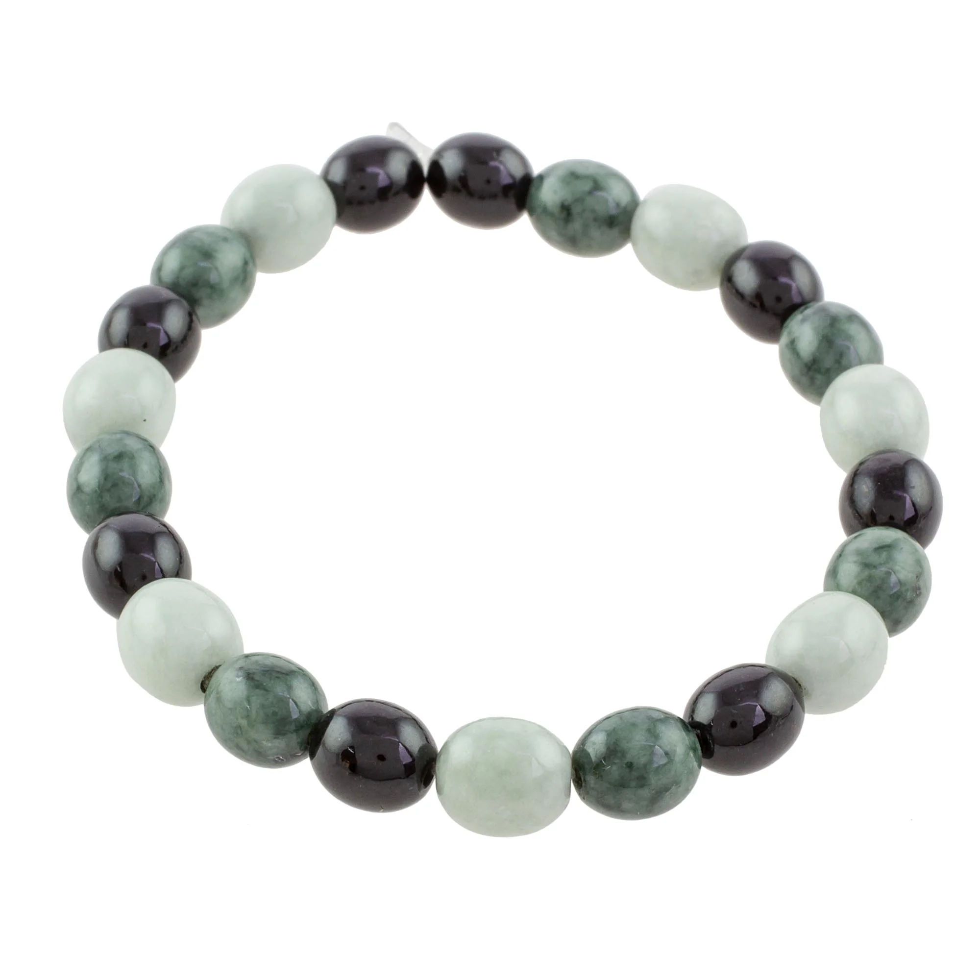 Light and Shade Black Green and Pale Natural Jade Beaded Stretch Bracelet - Image 3