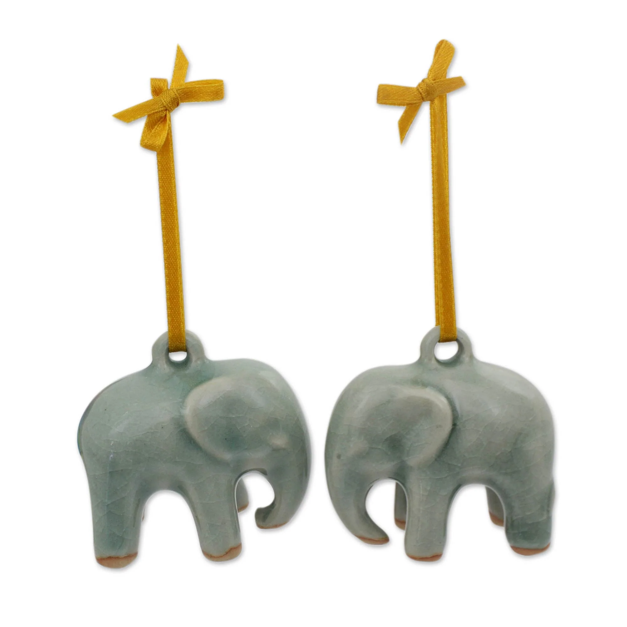 Light Blue Elephant Crackled Green Celadon Ceramic Ornaments (Pair) - Image 3