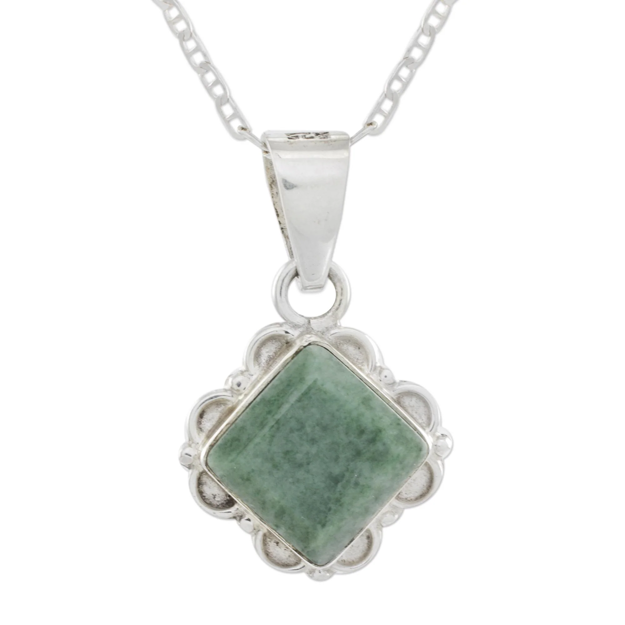 Light Green Floral Diamond Diamond Shaped Light Green Floral Jade and Silver Necklace - Image 2