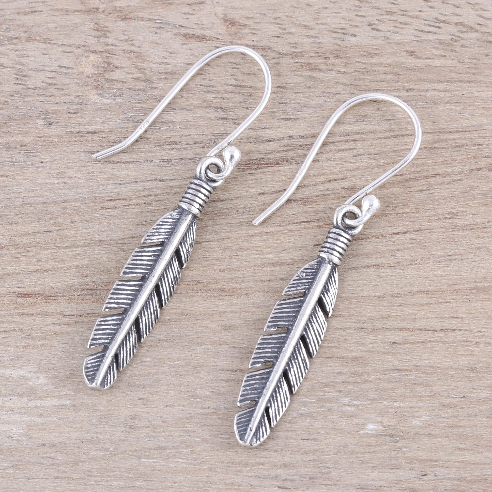 Light Touch Sterling Silver Feather Dangle Earrings from India - Image 3