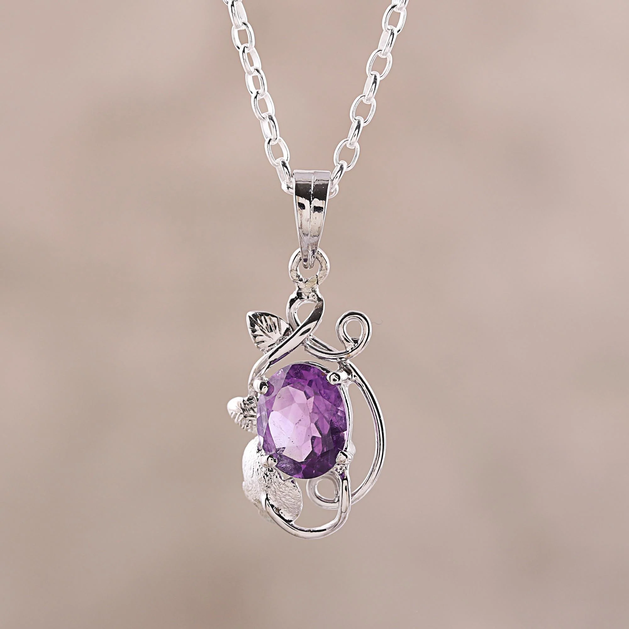 Lilac Dazzle Leafy Rhodium Plated Amethyst Pendant Necklace from India