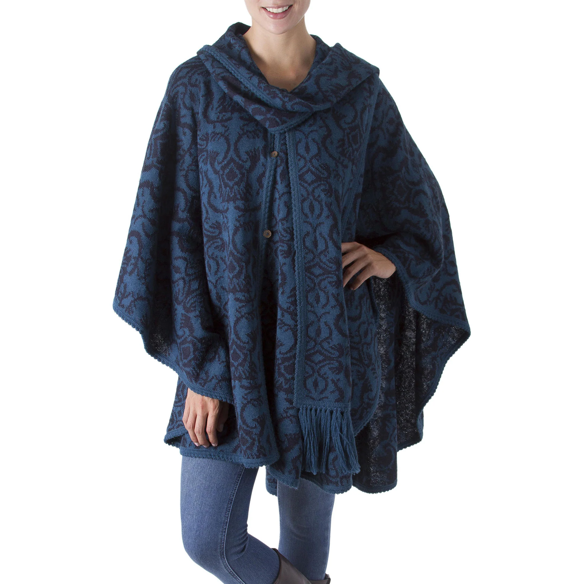 Lima Flora Blue Alpaca Blend Ruana Cloak - Image 2