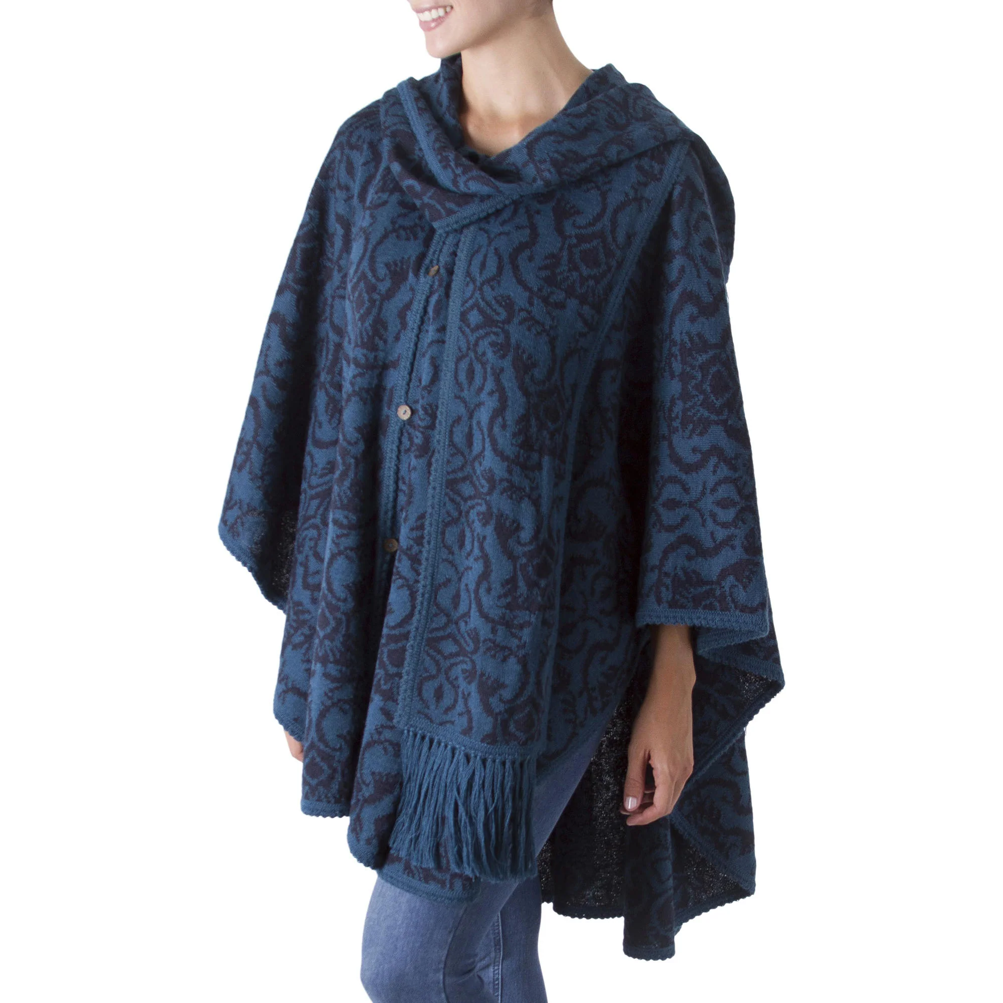 Lima Flora Blue Alpaca Blend Ruana Cloak - Image 3
