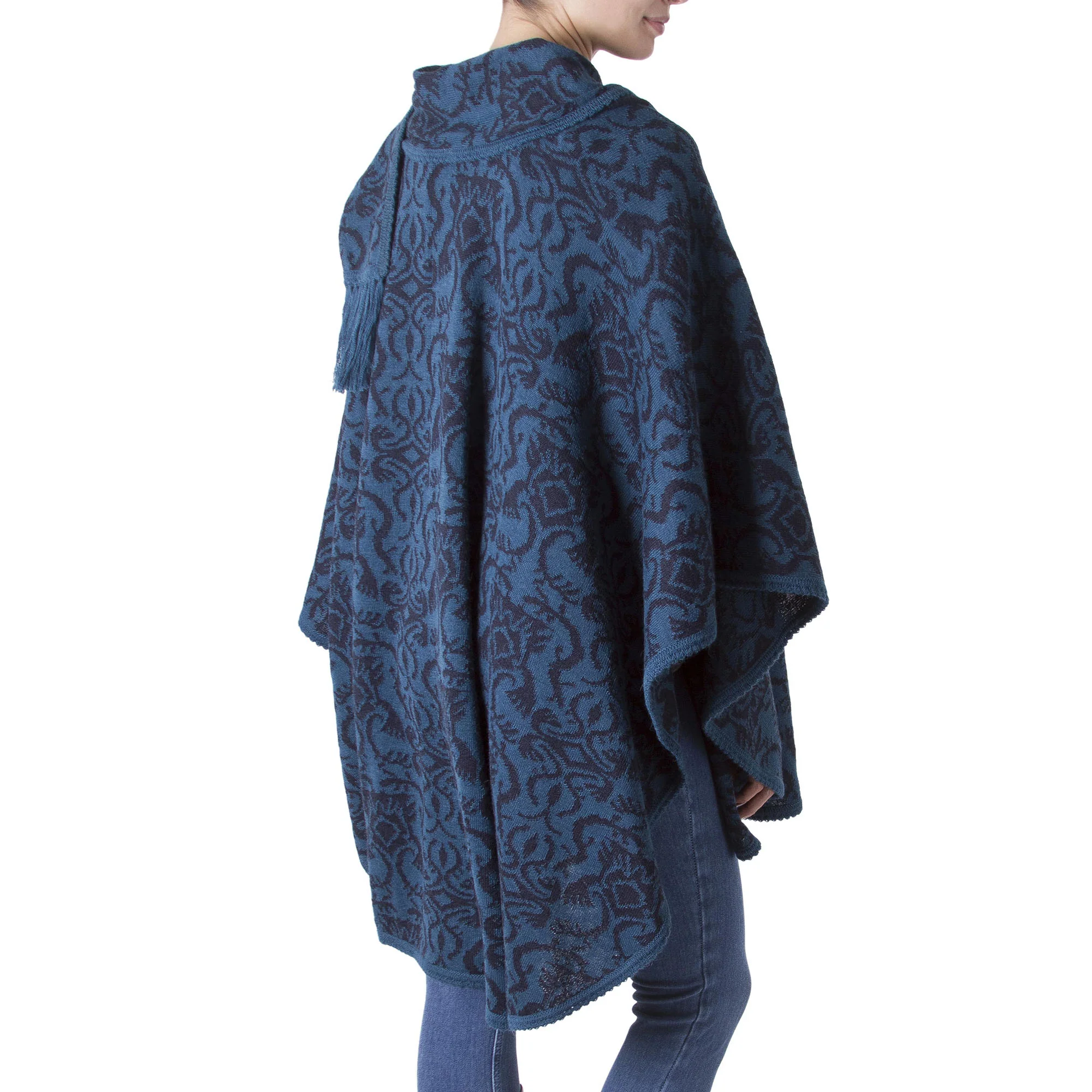 Lima Flora Blue Alpaca Blend Ruana Cloak - Image 4