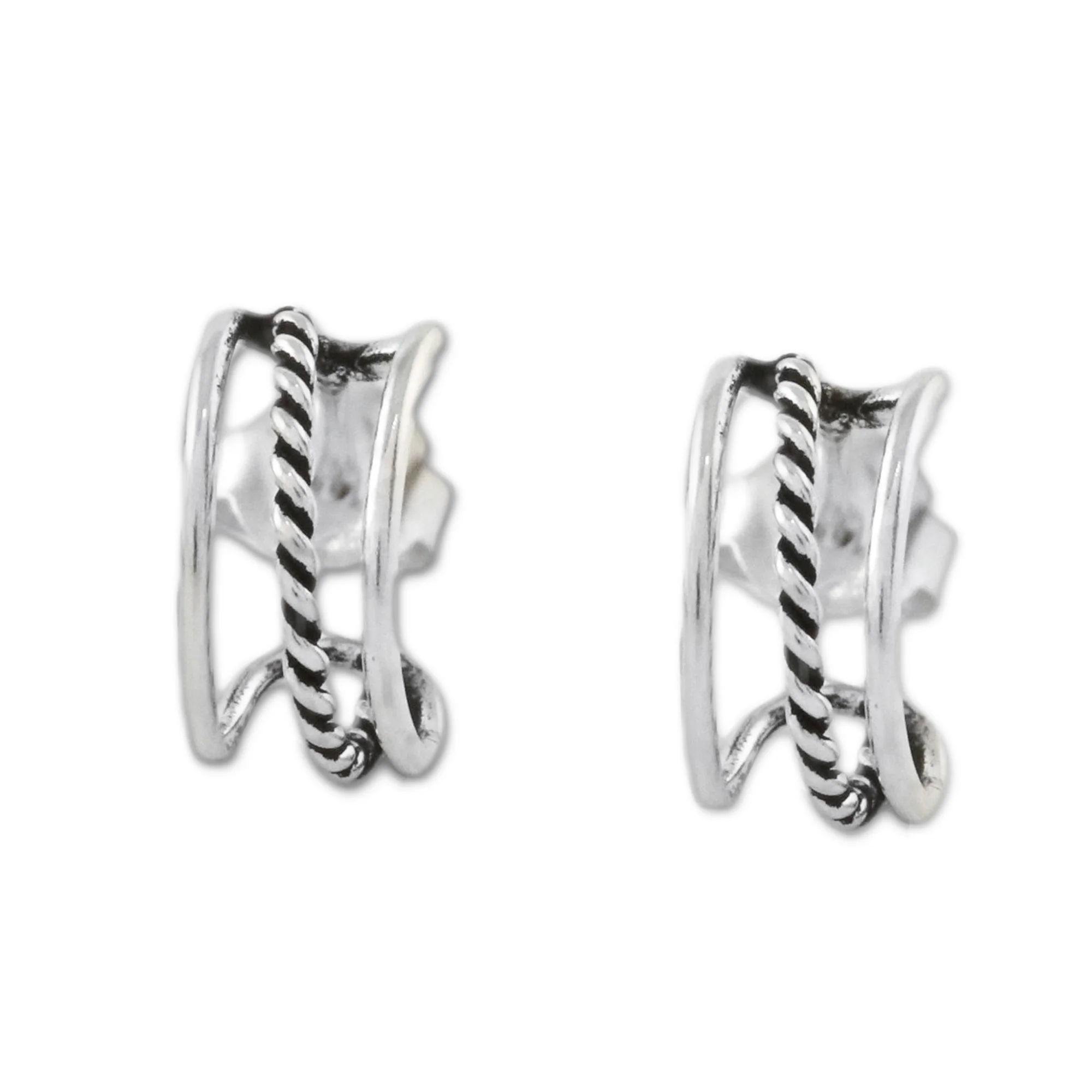 Lines Within Lines Combination Finish Silver Half-Hoop Earrings from Thailand - Image 2