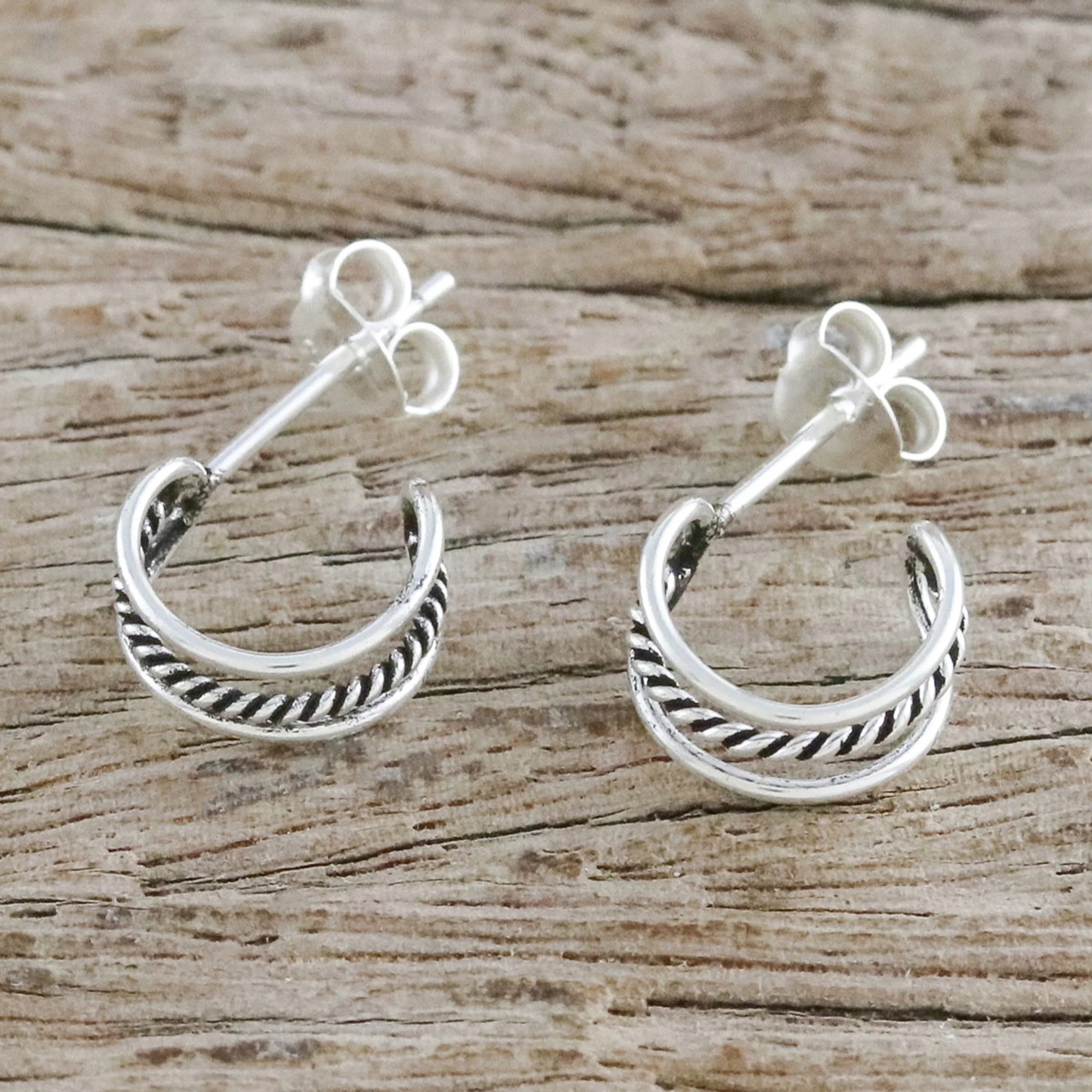 Lines Within Lines Combination Finish Silver Half-Hoop Earrings from Thailand - Image 3