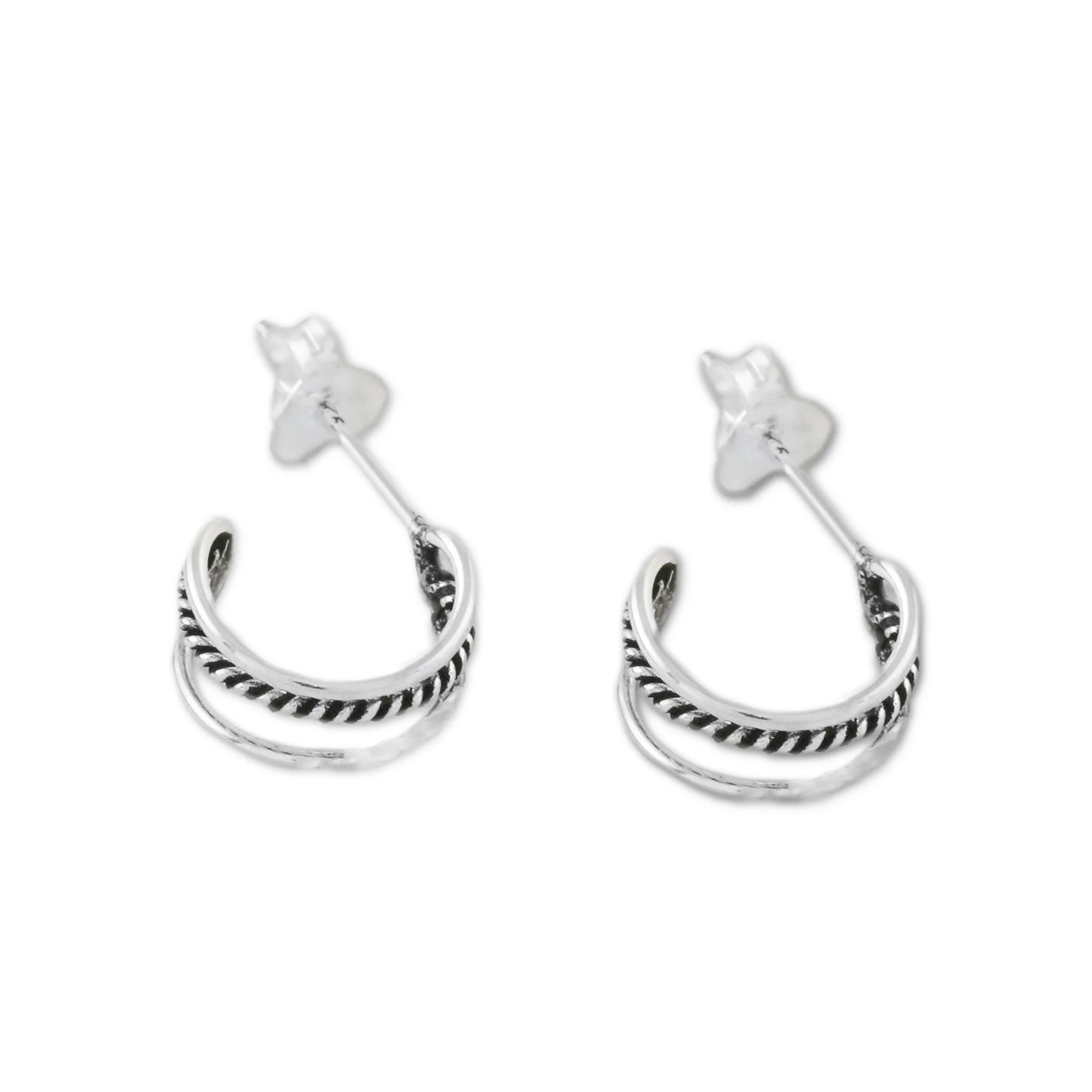 Lines Within Lines Combination Finish Silver Half-Hoop Earrings from Thailand - Image 4