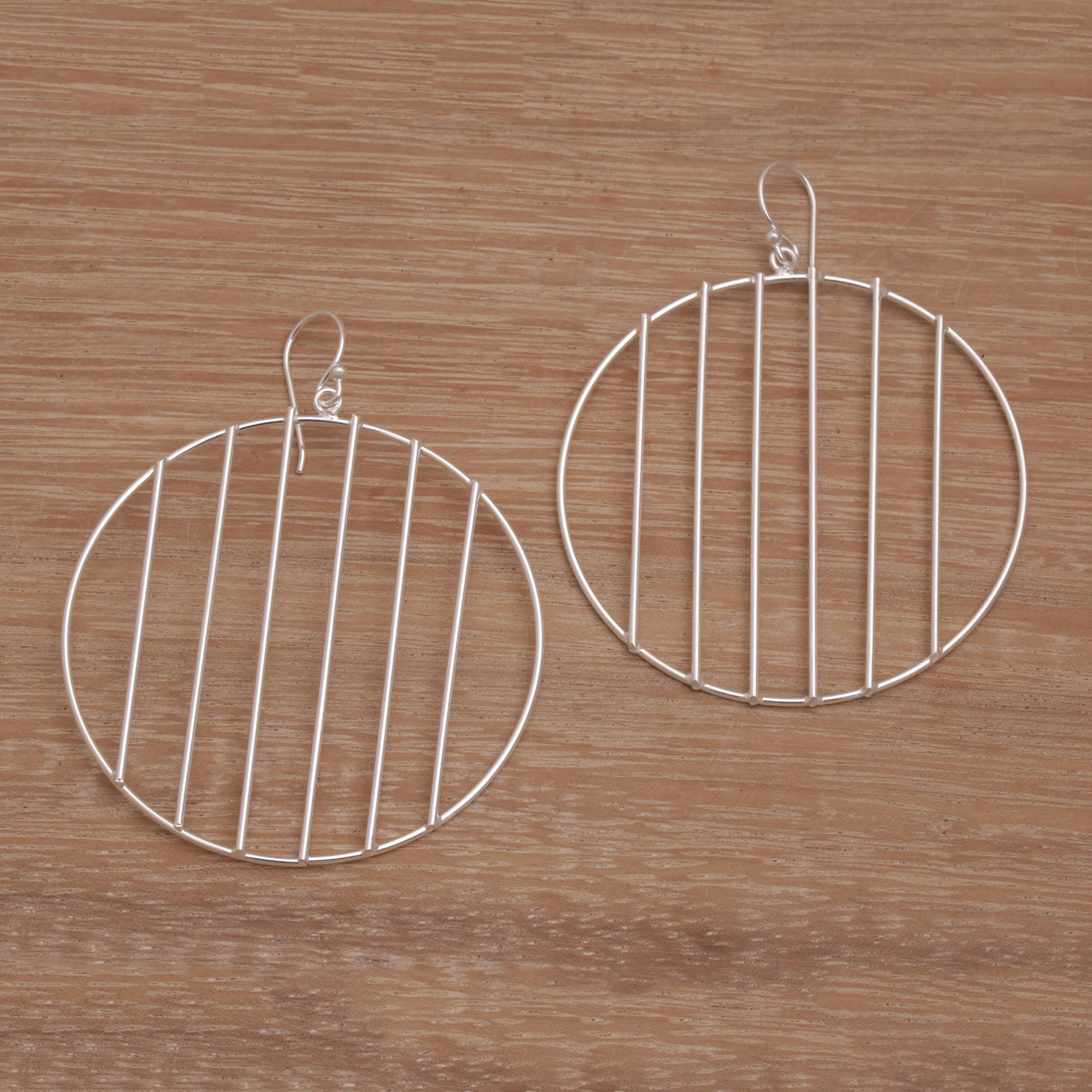 Linescope Sterling Silver Vertical Lines Circle Dangle Earrings - Image 3