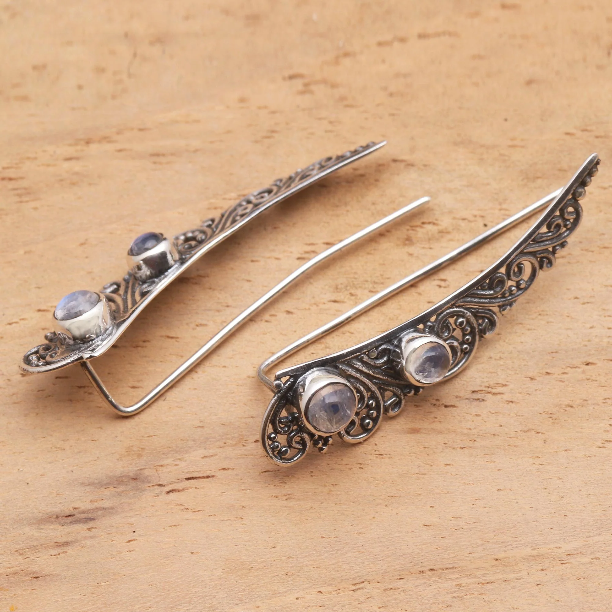 Little Wings Rainbow Moonstone Ear Climber Style Earrings - Image 3