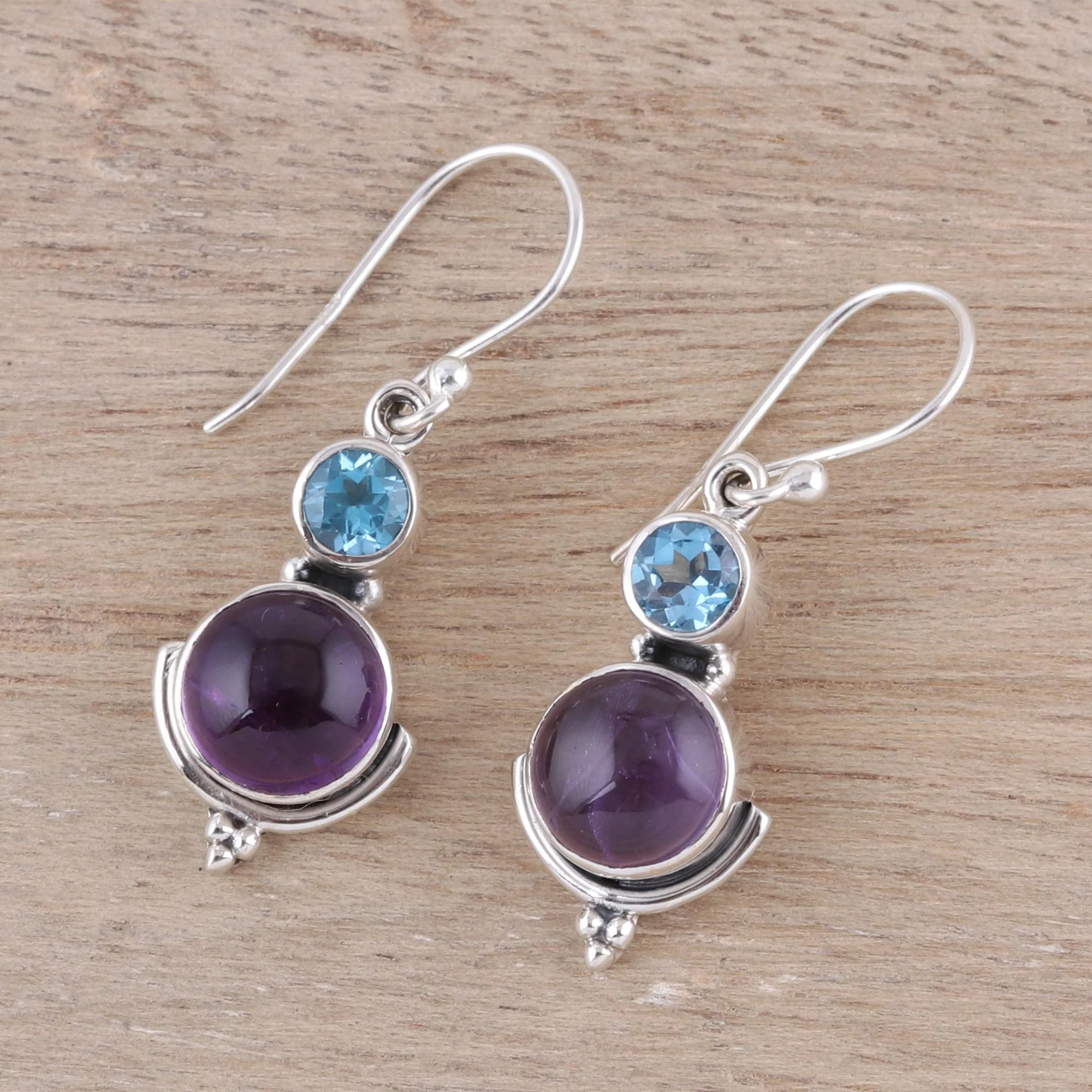 Lively Harmony Amethyst and Blue Topaz Dangle Earrings from India - Image 3