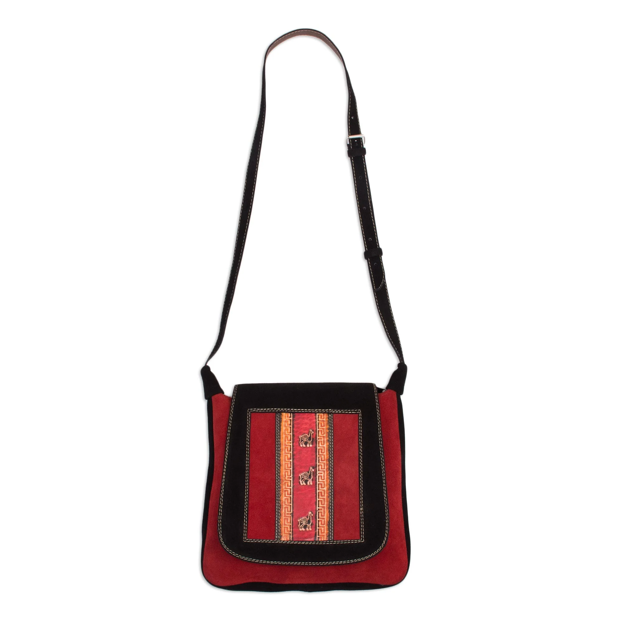 Llama Path Handcrafted Llama Motif Crimson and Black Suede Shoulder Bag - Image 2