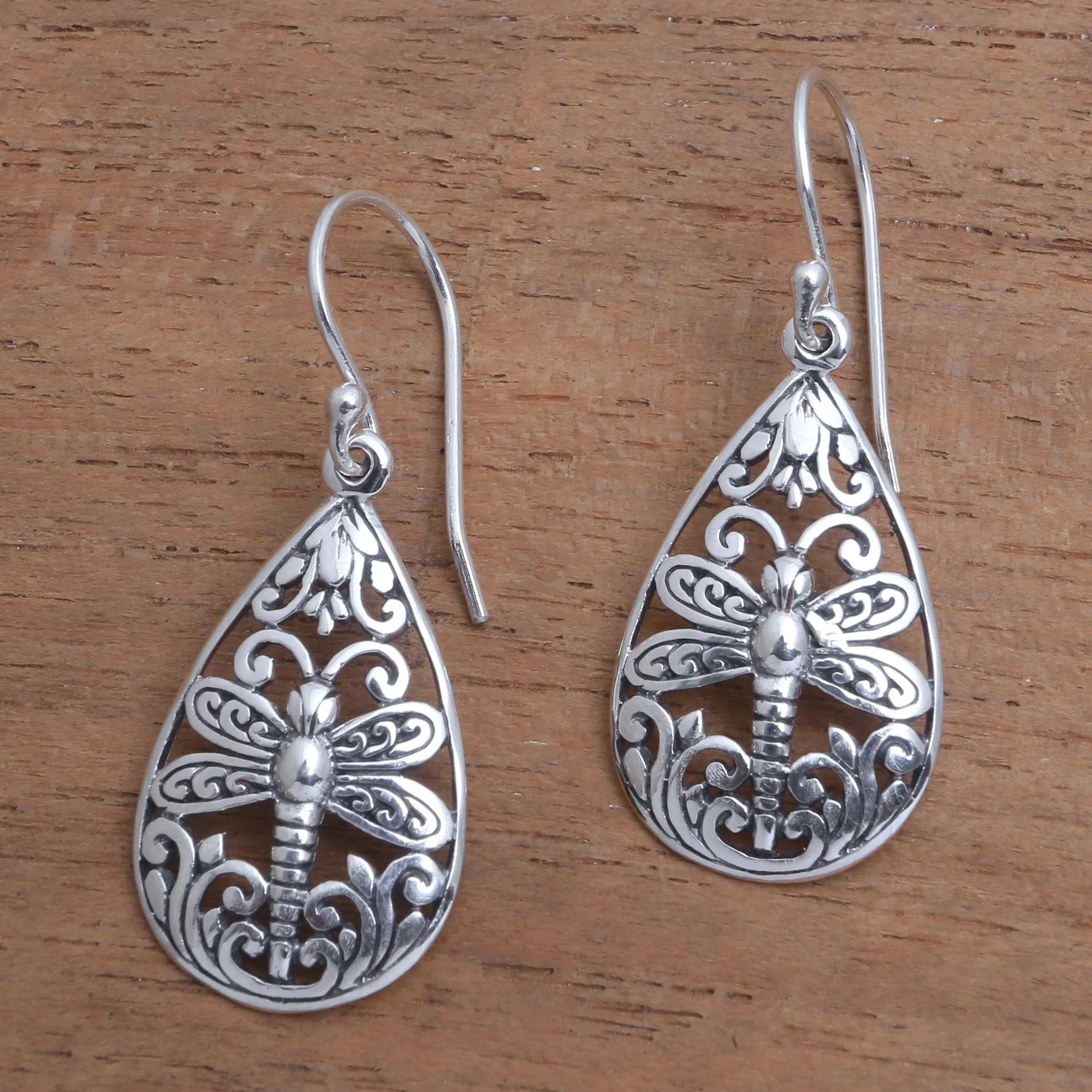 Lone Dragonfly Sterling Silver Dragonfly Dangle Earrings from Bali - Image 3